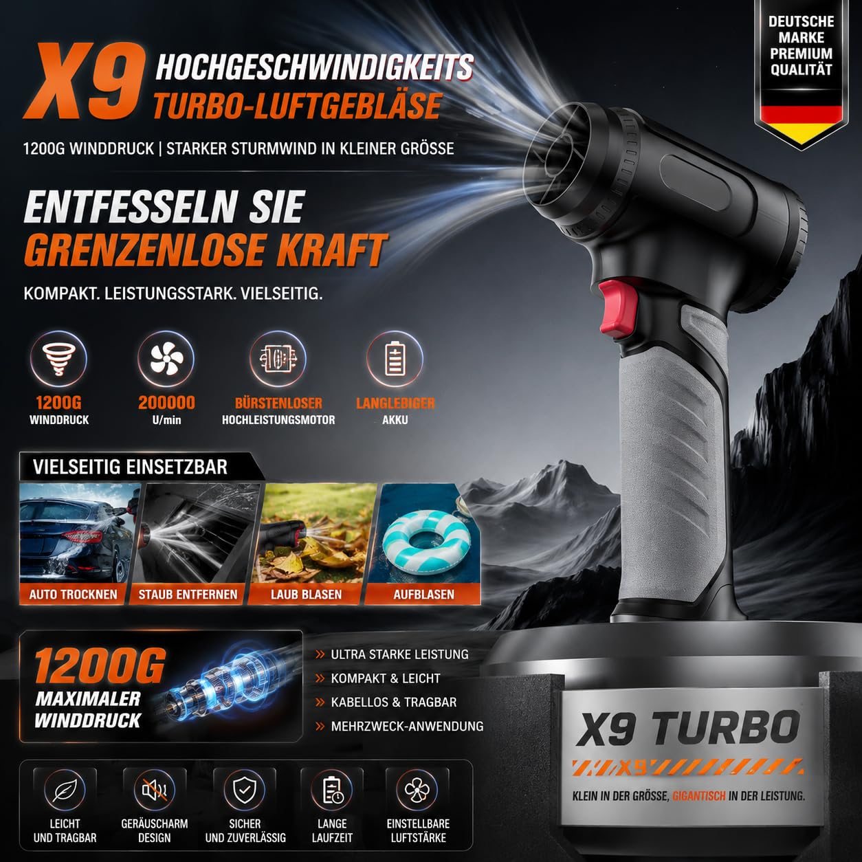 X9 Kleiner drahtloses Design Leistungsstarke Elektrische Staubgebläse, 1200G, 6000mAh, Autotrockner-Luftgebläse für Outdoor Autowaschanlage Reinigung,Computer Tastatur Staubgebläse