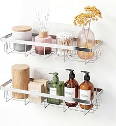JAQ Shower Caddy 2 Pack, Adhesive Bathroom Shelf Organizer No Drilling Wall Mounted Storage Rack for Inside Shower, Rust-Resistant Metal Shower Basket with Hooks for Shampoo, Conditioner, Soap-Silver