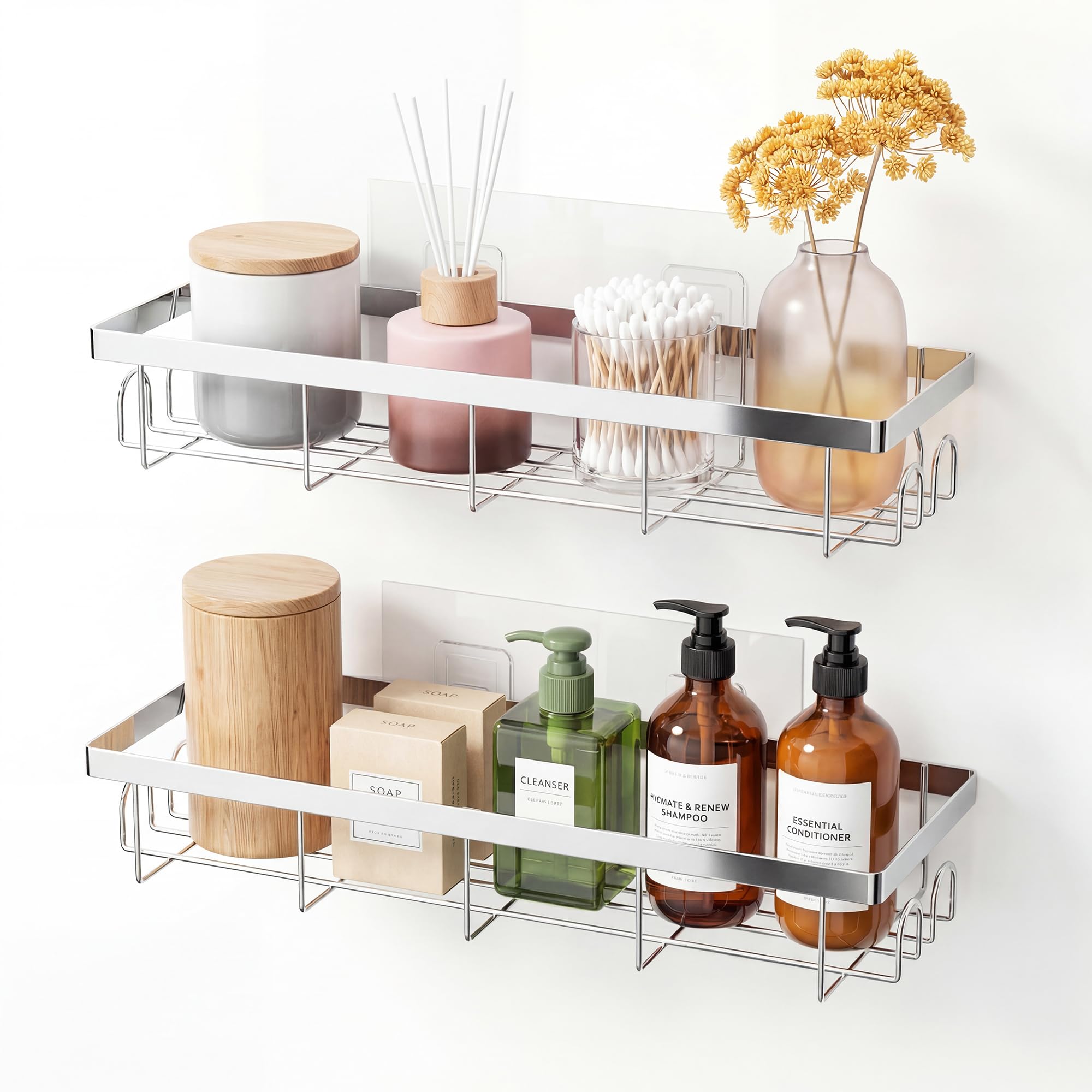 JAQ Shower Caddy 2 Pack, Adhesive Bathroom Shelf Organizer No Drilling Wall Mounted Storage Rack for Inside Shower, Rust-Resistant Metal Shower Basket with Hooks for Shampoo, Conditioner, Soap-Silver