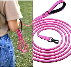 Guia Longa para Cães com Mosquetão, 5 Metros, Alça Neoprene, Múltiplas Cores, Fita Polipropileno Reforçada, para Passeio e Treinamento Adestramento. (ROSA)