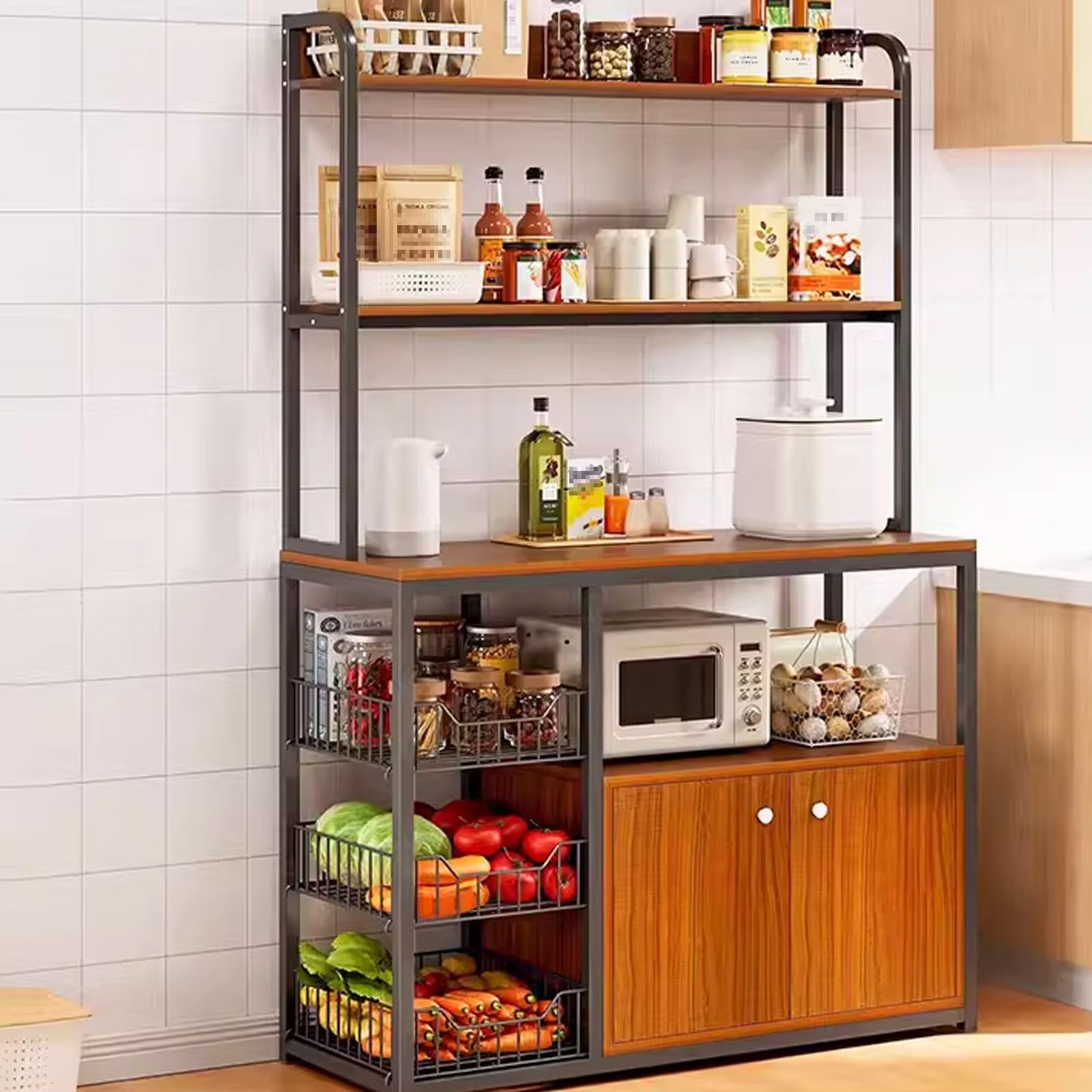 Scaffale Cucina Microonde Realizzato in MDF Con Tubi in Acciaio Scaffale per Panettieri Da Cucina Con Tavolo Operativo E Cesto in Metallo Risparmio Di Spazio(B,100 * 30 * 139CM)