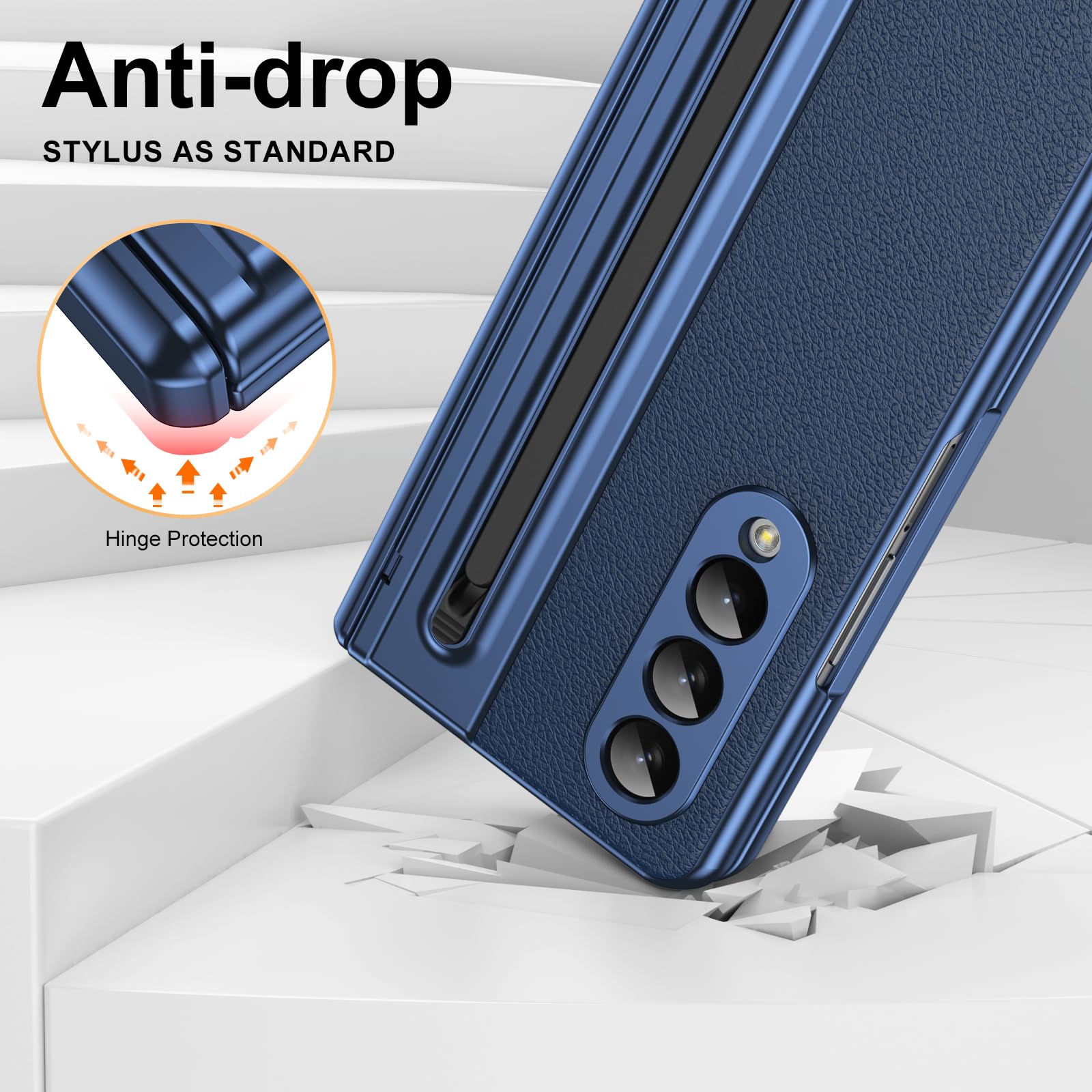 per Galaxy Z Fold4 Custodia con Penna e Slot per Penna, Pellicola Protettiva in Vetro Temperato + Protezione Cerniera Cover in Pelle per Samsung Galaxy Z Fold4-Blu
