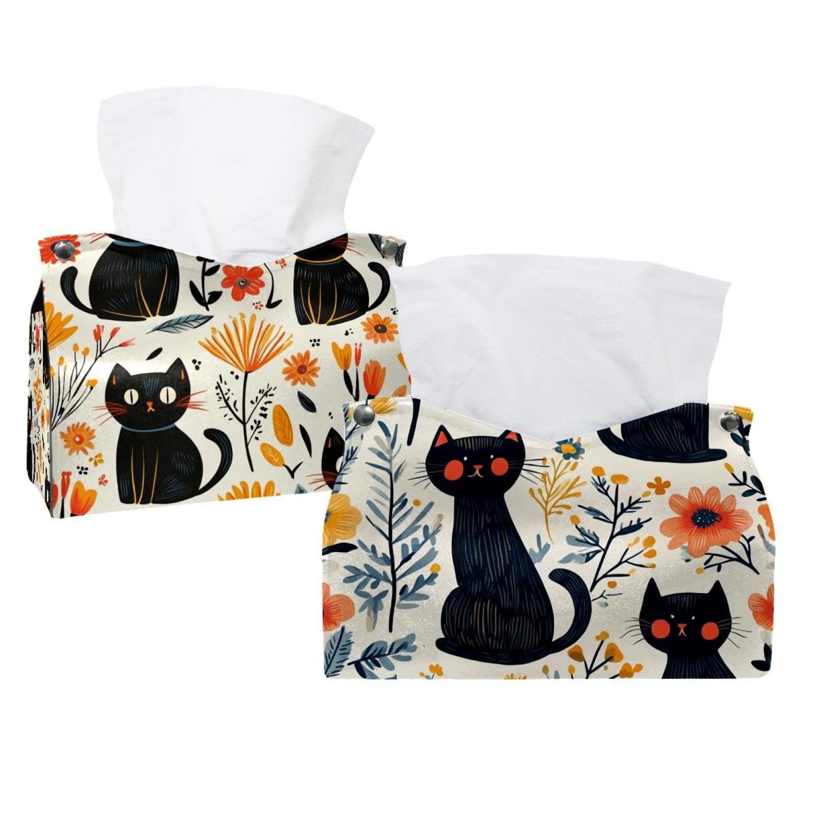 Boîte à mouchoirs chat et fleurs noir en lot de 2 avec ouverture facile
