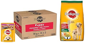 Pedigree Puppy Wet Dog Food, Chicken Chunks in Gravy, 70 g (Pack of 30) & Pedigree Complete & Balanced Food for Puppy & Adult Dogs, 100% Vegetarian, 3 Kg