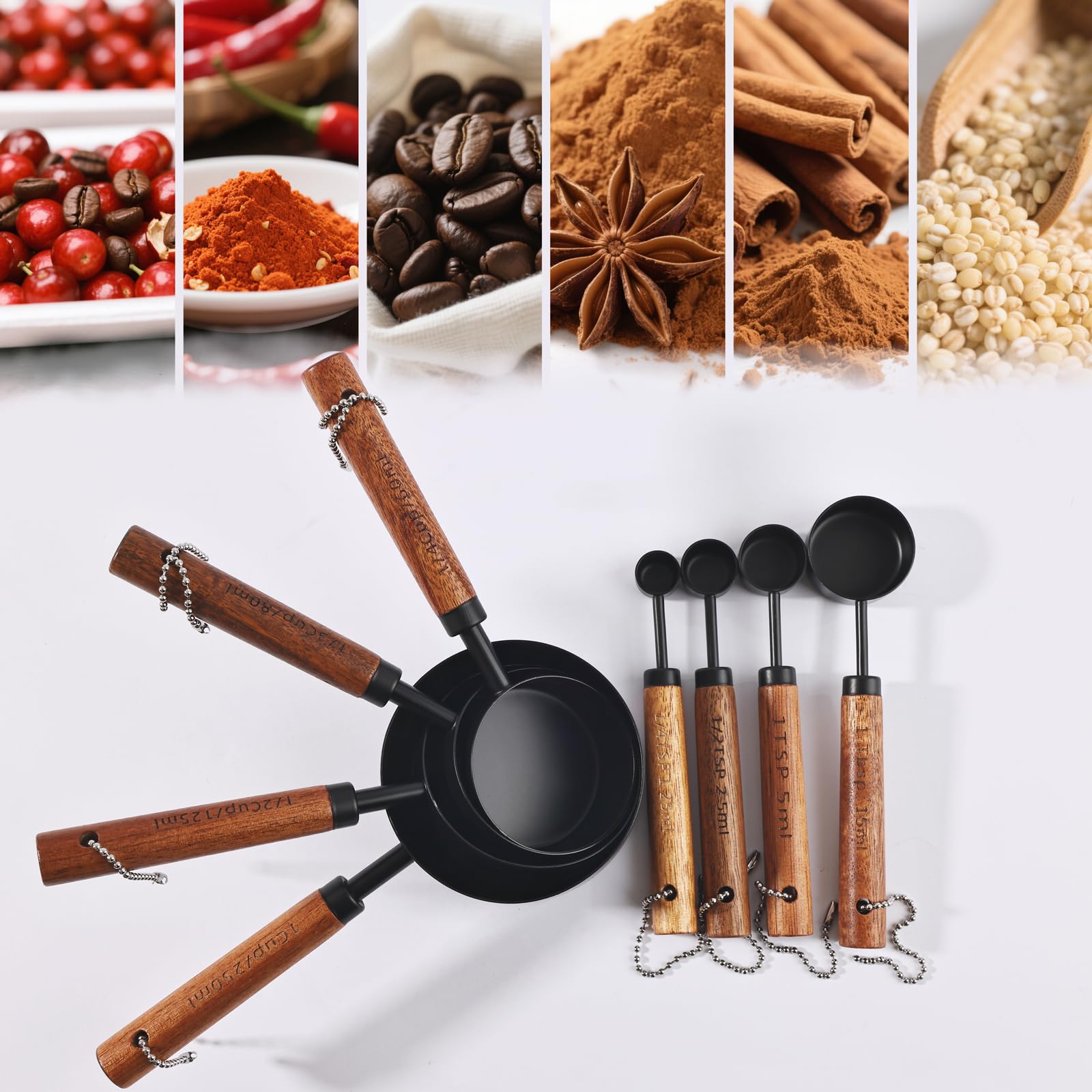 LLJOKUSA Stainless Steel Measuring Cups and Spoons Set with Acacia Wood Handle, 8-Piece Kitchen Metal Measuring Set, Collapsible Measuring Cups