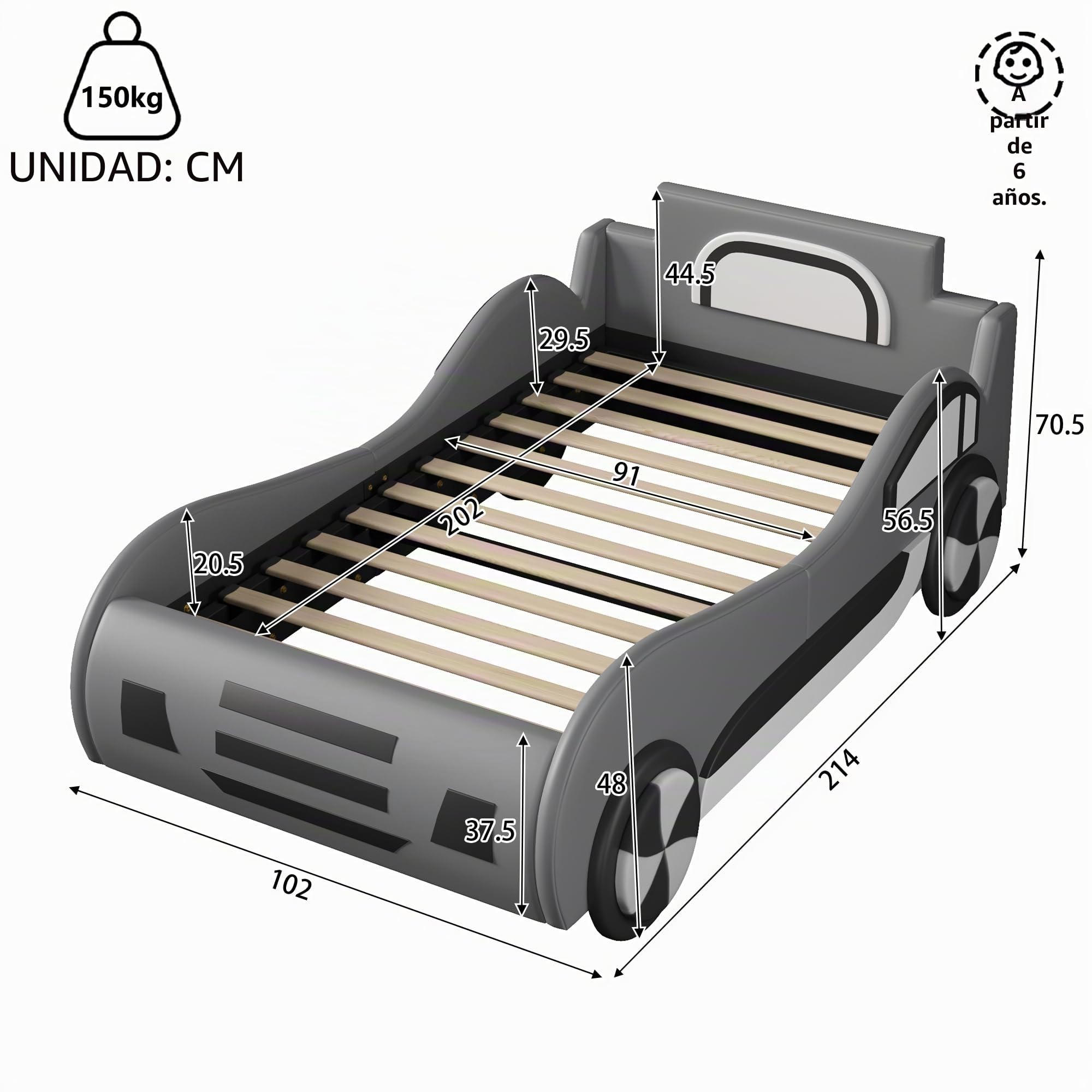 Azkoeesy Cama Coche Tapizada Infantil 90x200 cm, con Somier y Almacenamiento, Barandilla de Protección, Tejido PU, Color Gris