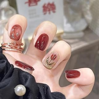 Red Fake Nails 24pcs Press On Nails Short Cherry Red French Nails Removable French Tip False Nails Halo Red Short False Nails With Glue Gold Foil Gentle Stick On Nails For Women