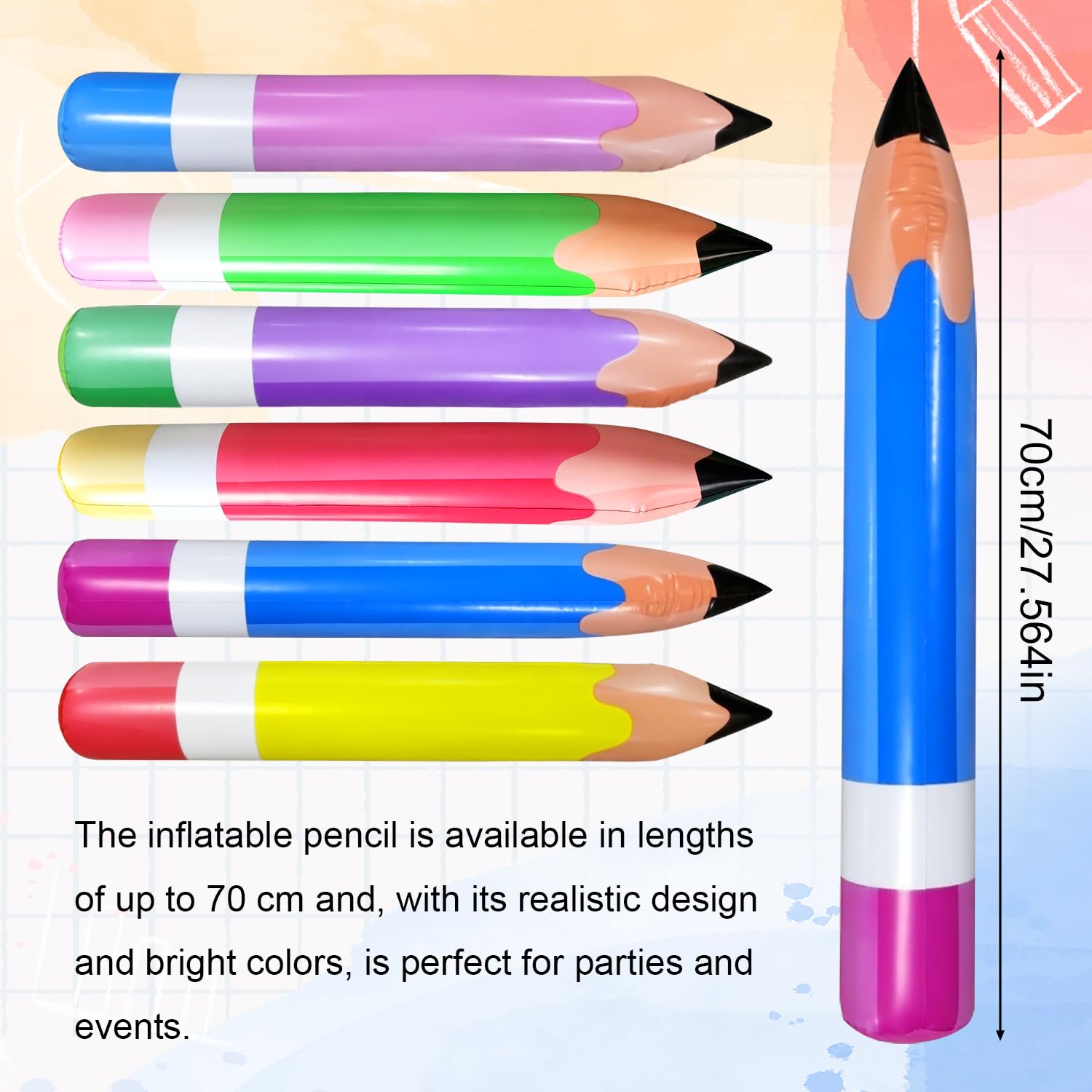 Lot De 6 Crayons Gonflables Géants – 70 Cm, PVC Robuste – Décoration Rentrée, Fêtes, Anniversaire