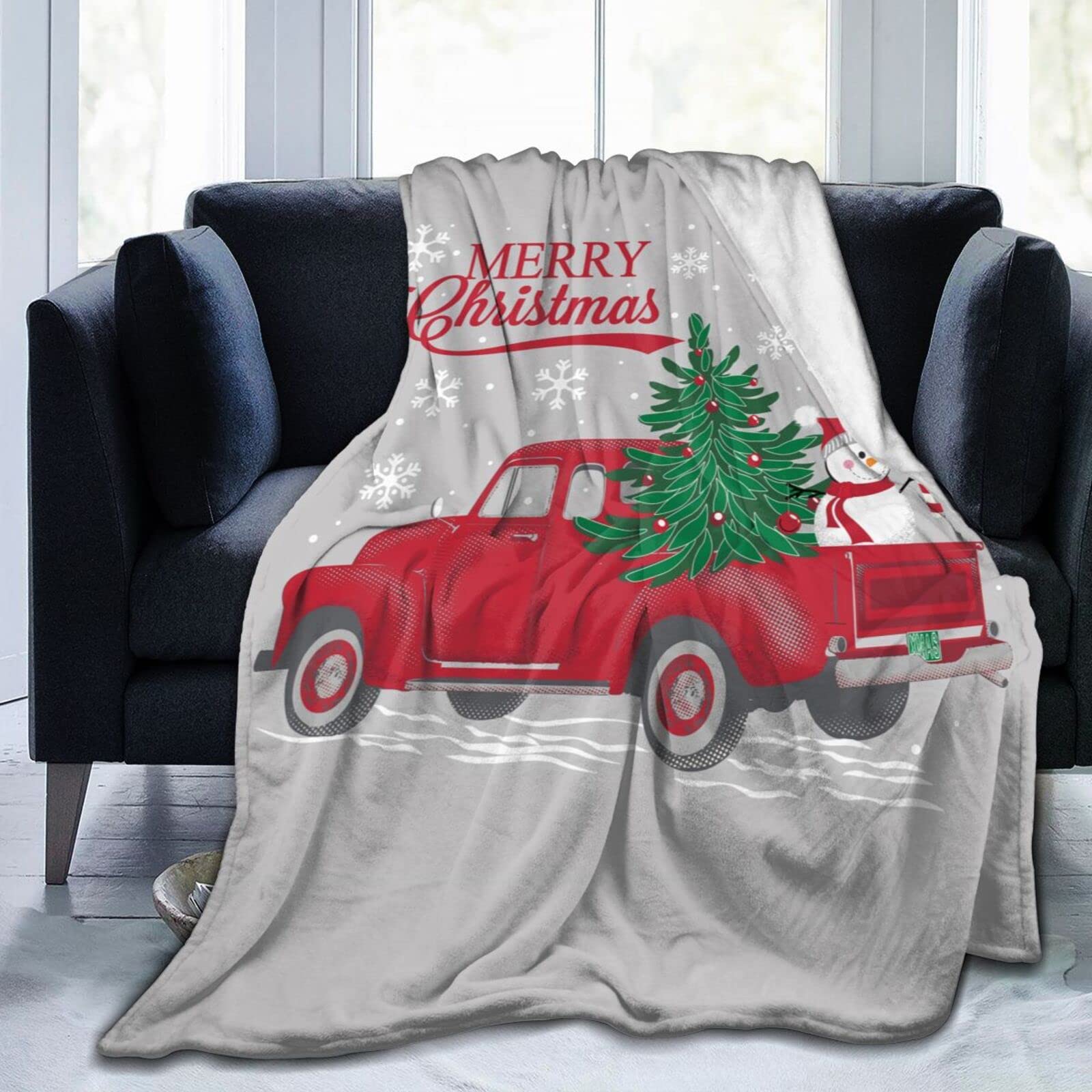Lsjuee Snowman in The Truck with Pine Tree Throw Blanket Warm Cozy Blankets Lightweight Soft Cozy Flannel Winter Holiday Blanket for Sofa Couch Bed Office Xmas Gift 80"X60"