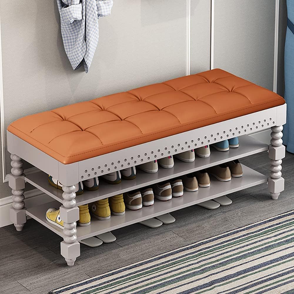 Entryway Shoe nizer Bench with Leather Seat Storage and 2 Tier Shoe Rack Chest for Foyer Bedroom Living Room Accent Furniture with Max Load 440 LBS Easy Assembly Modern Shoe Storage Solu