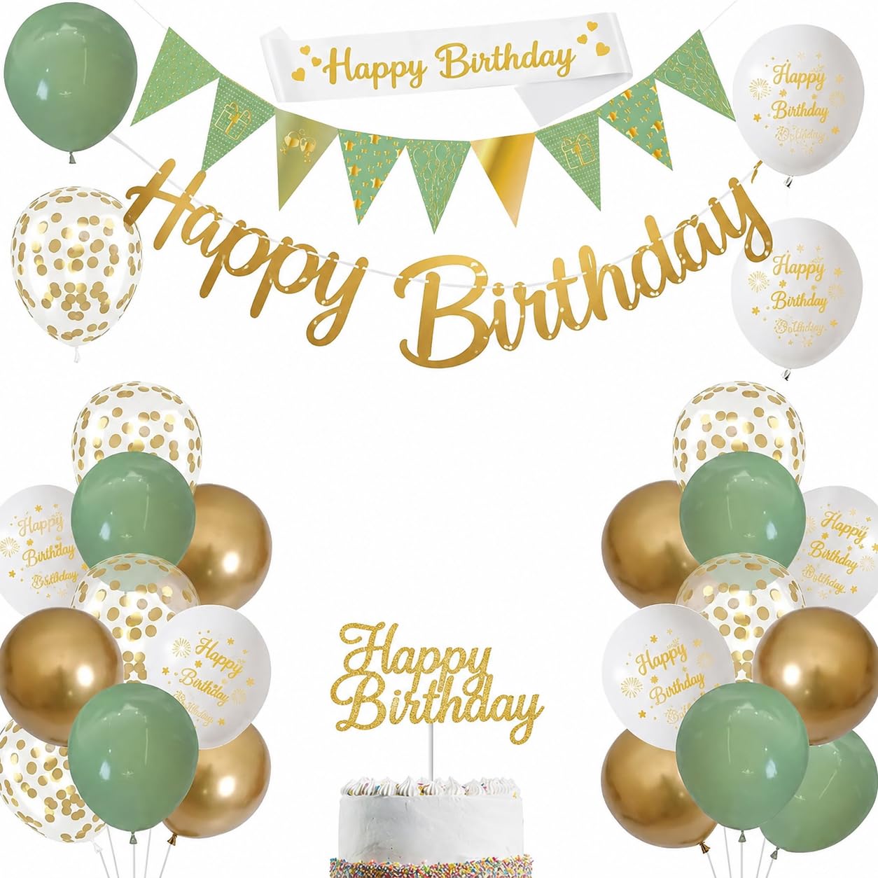 Omrel Green & Gold Birthday Decoration For Women/Girls, Party Decorations Set With Green & Gold Balloons, Happy Birthday Banner, Birthday Cake Topper and Birthday Sash — image 1