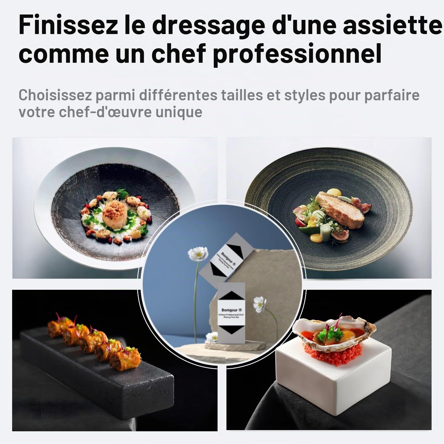 Ensemble d'outils de placage culinaire | Kit professionnel de 11 outils de placage de chef | Ustensiles de cuisine | Cuisine moderne | Acier inoxydable | Noir