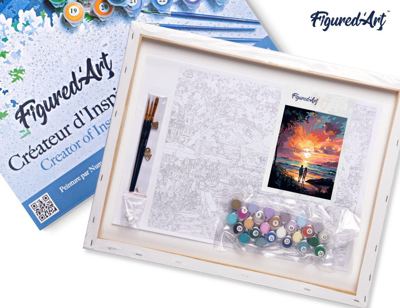 Figured'Art Dipingere con i Numeri con Telaio - Paint by Numbers Coppia al Tramonto, Passatempo per Adulti, Kit Completo, Hobby Creativi - Quadri fai da te 40x50cm Tela Già Incorniciata