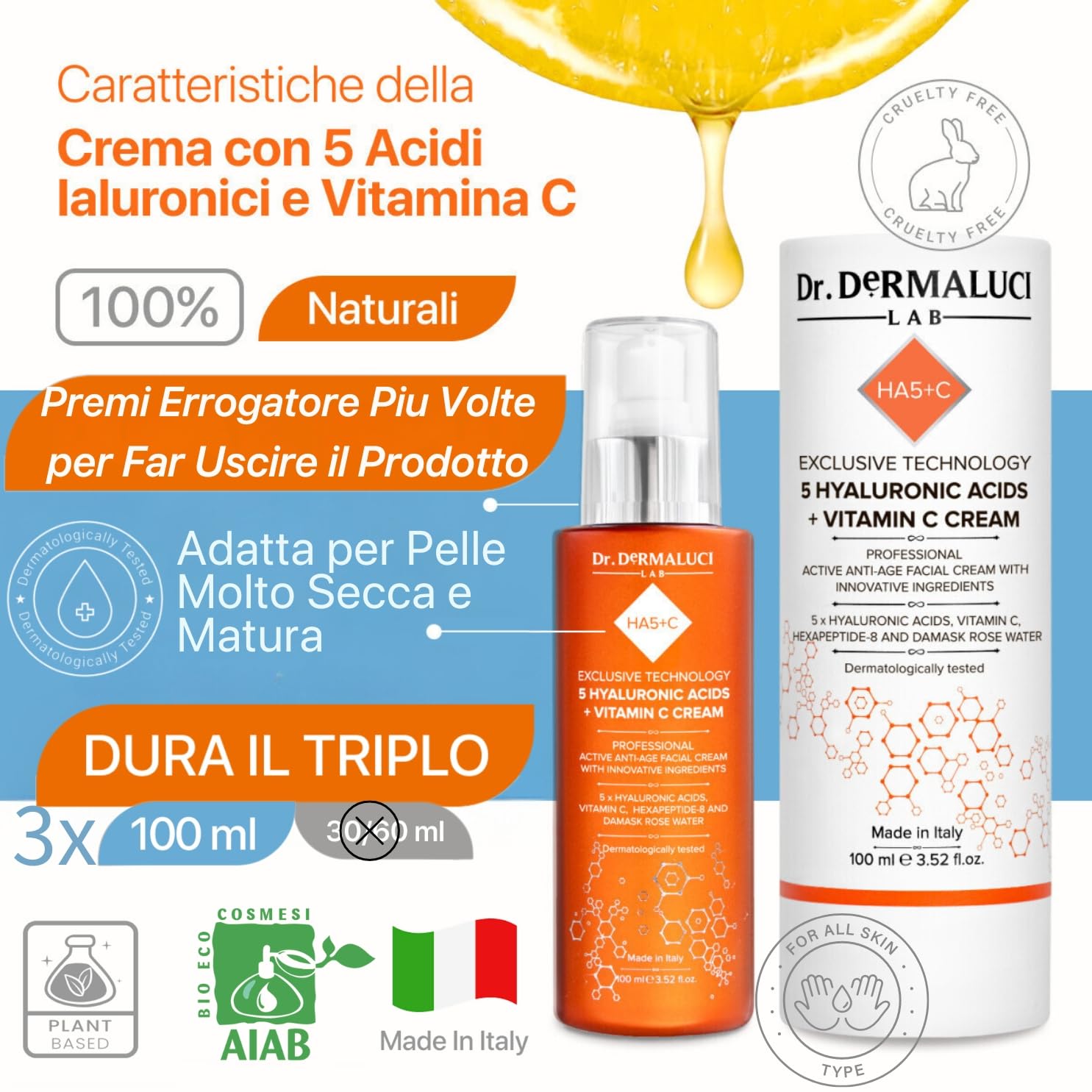 Dr. Dermaluci Lab Crema Viso Idratante BIO 100ml - Antirughe, Elasticizzante e Illuminante - Con 5 Acidi Ialuronici, Vitamina C, Hexapeptide e Rosa Damascena - AIAB, Nickel Tested, Made in Italy