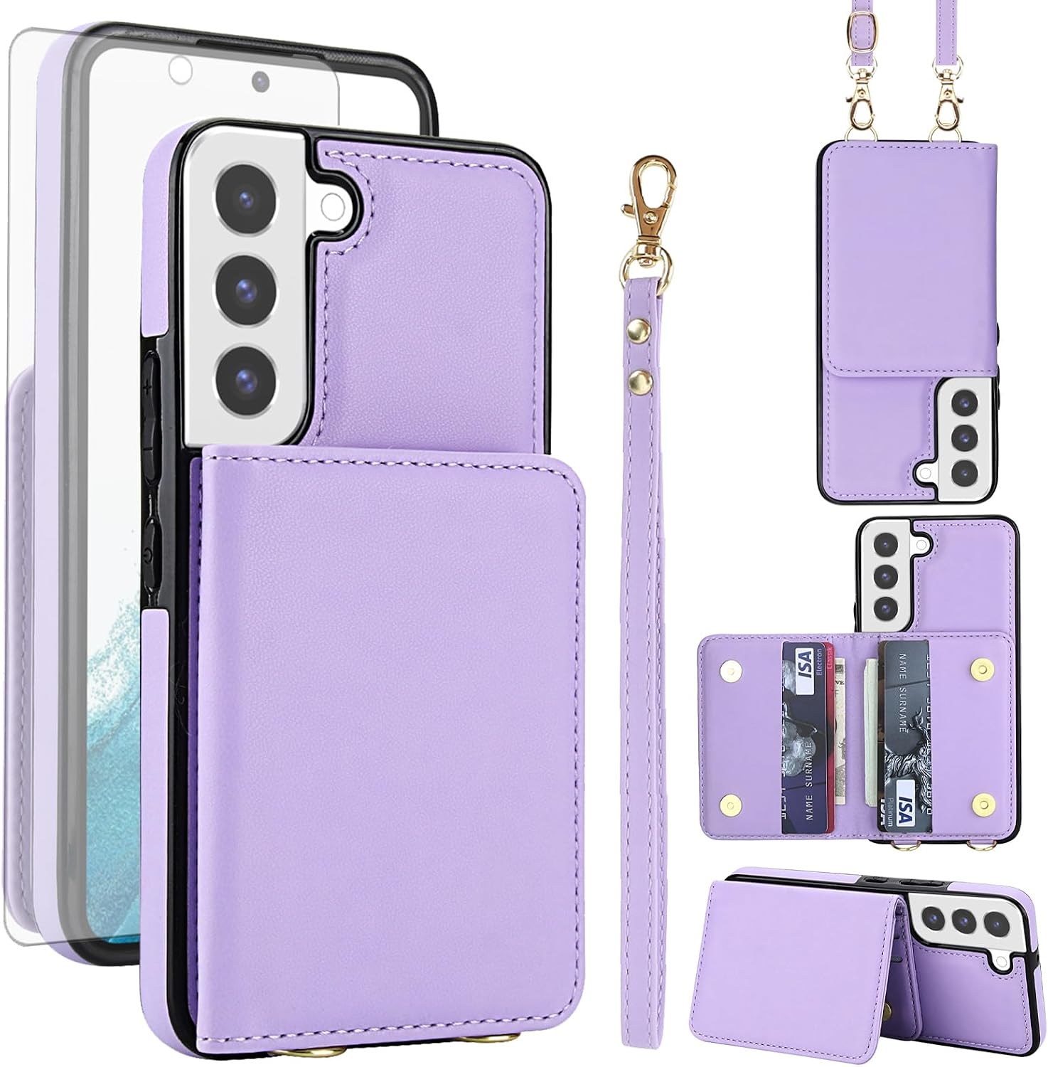 Asuwish Phone Case for Samsung Galaxy S22 5G Wallet Cell Cover with Tempered Glass Screen Protector Wrist Crossbody Strap RFID Blocking Stand Credit Card Holder S 22 22S 4G G5 6.1 inch Women Purple