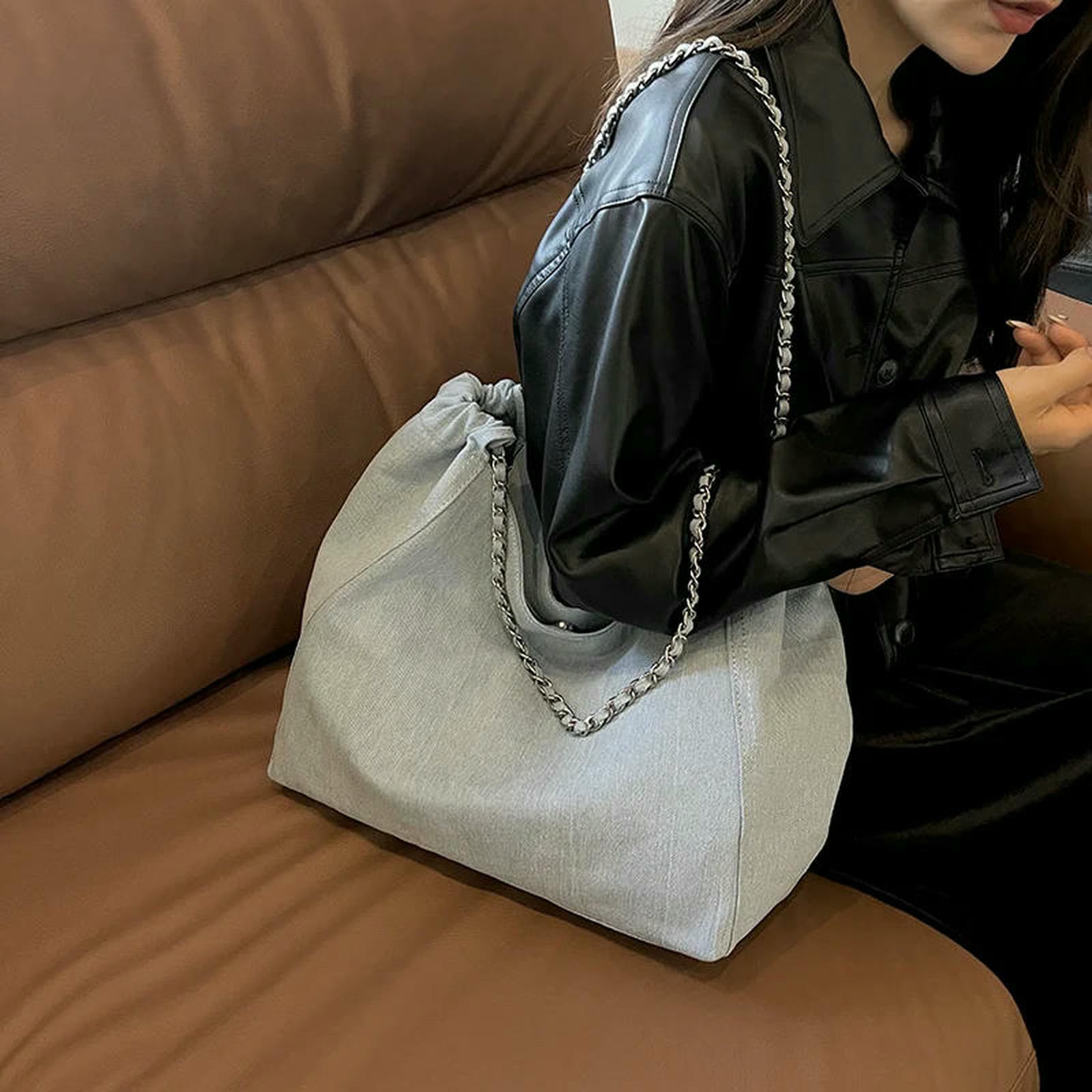 Handtasche Jeans-Schultertasche mit Kette – Chic Shopper-Tasche mit großer Kapazität, Luxus-Designer-Style-Shopper für Frauen