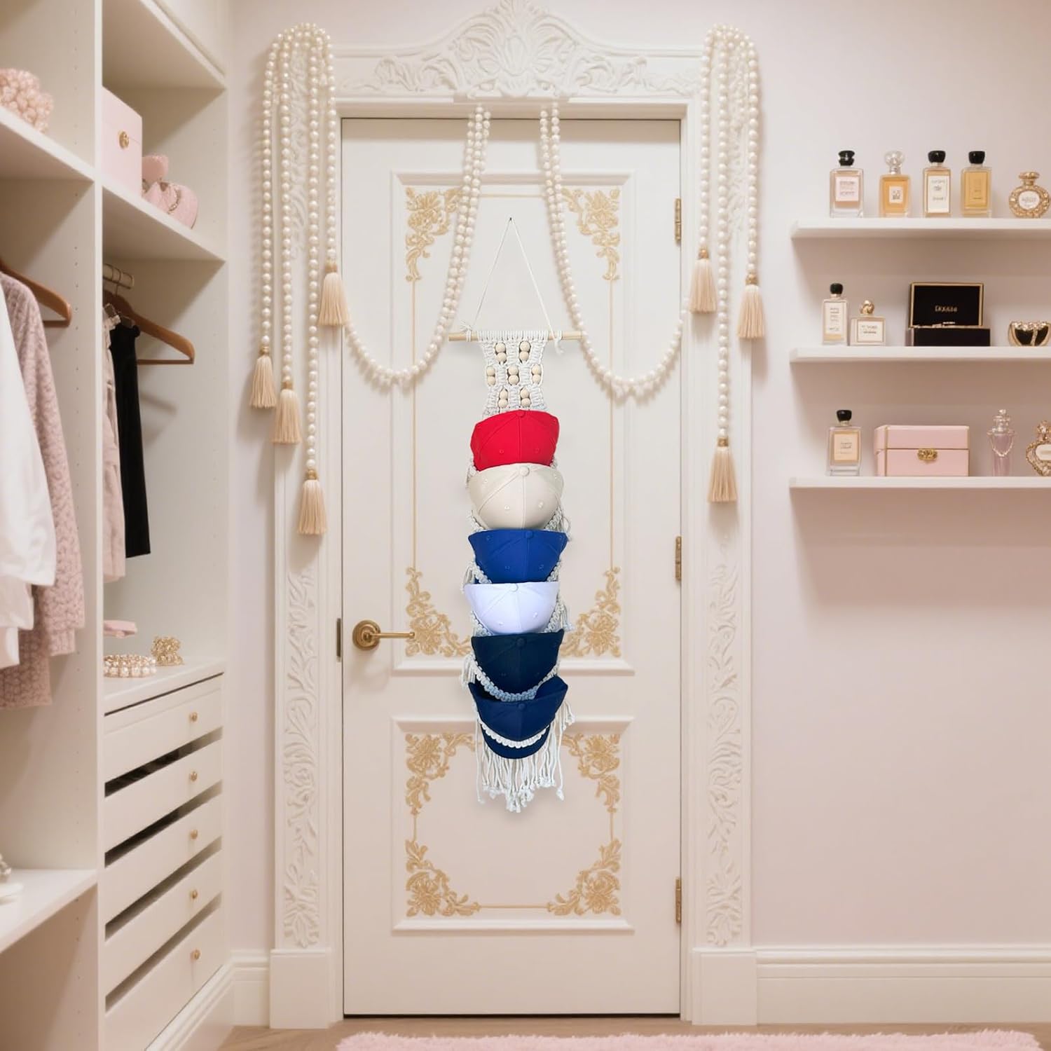 1 Pack 6-Tier Boho Baseball Cap Hanger with 1 Hook, Macrame Hat Organizer for Wall and Over Door, Baseball Cap Rack for Bohemian Home Decoration