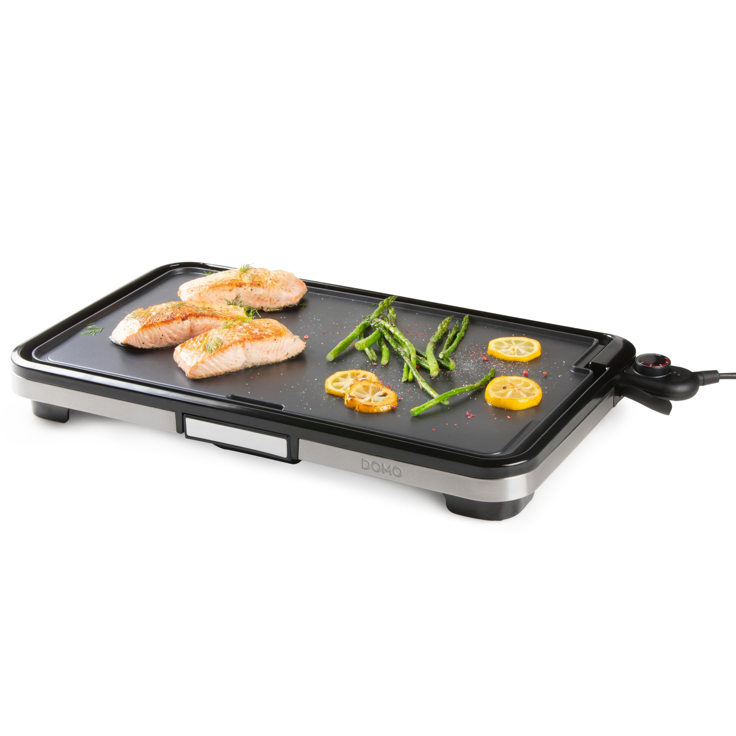 DOMO DO9263G Electric Grill Plate XXL - Plancha-Grill 55 cm - Herausnehmbares Auffangschälchen - 2200 W - Teppanyaki - Schwarz/Silber