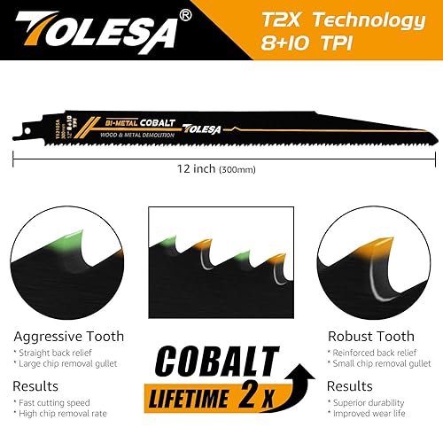 Miniatura 3 de TOLESA Hojas de sierra recíproca de demolición de madera de metal, 12 pulgadas, 8+10TPI Sawzall, cuchillas para corte de tuberías de acero, paneles
