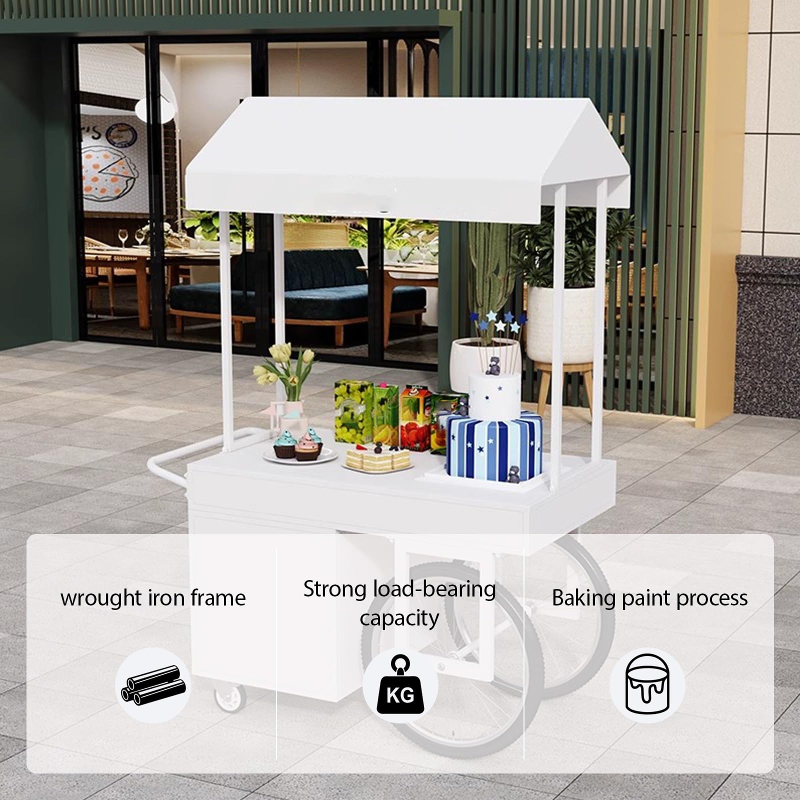 Carrito de Comida Callejero,Móvil de Venta Ambulante de Comida,Almacenamiento Abierto, Gran Capacidad de Carga,Acabado Pintado,para Tiendas minoristas en Calles.(Wit,140 * 70 * 200cm)