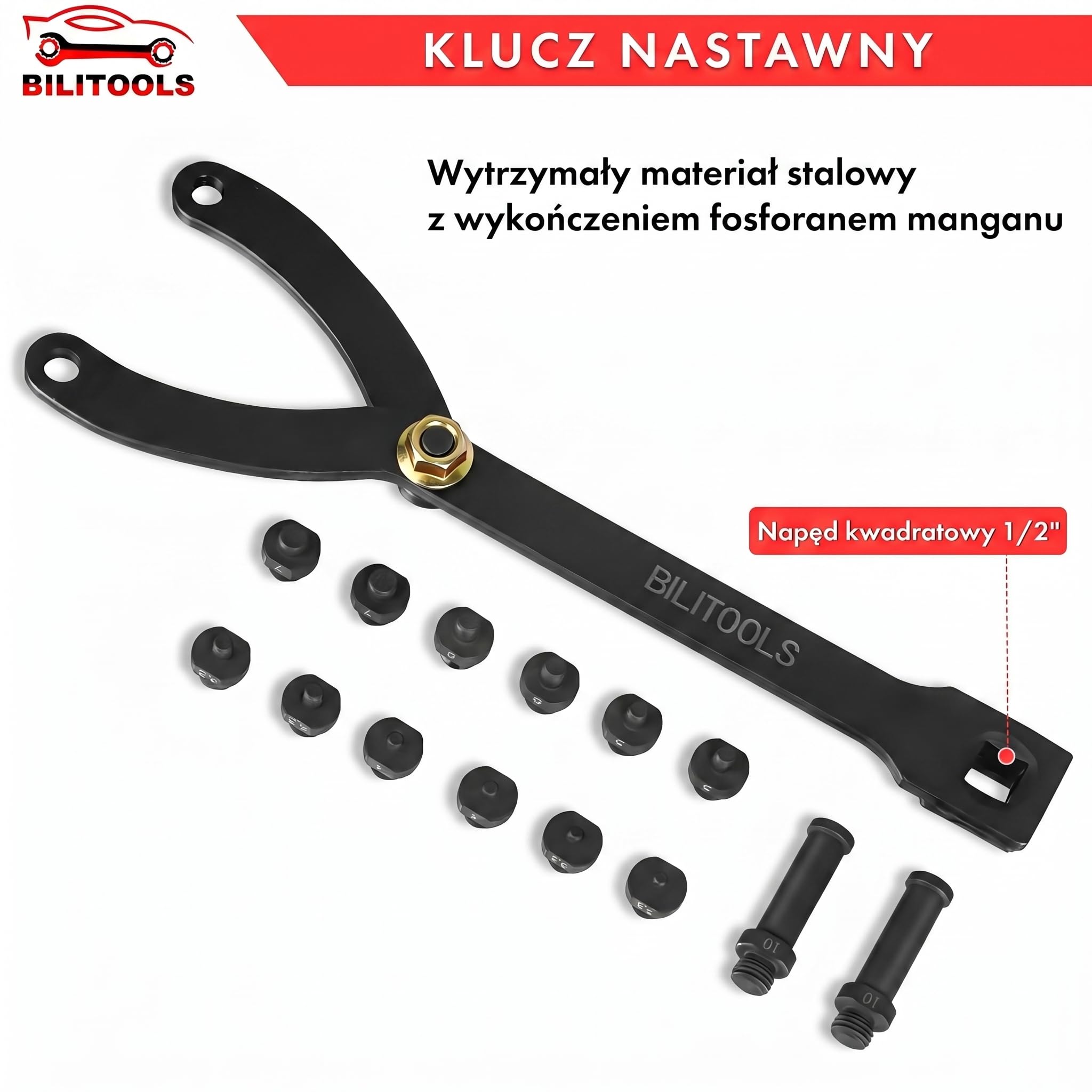BILITOOLS Uniwersalny mostek silnikowy – Zestaw do blokowania kół pasowych – Klucz kontrujący 1/2" z trzpieniami do wałków rozrządu, wałów korbowych i kół pasowych wielorowkowych