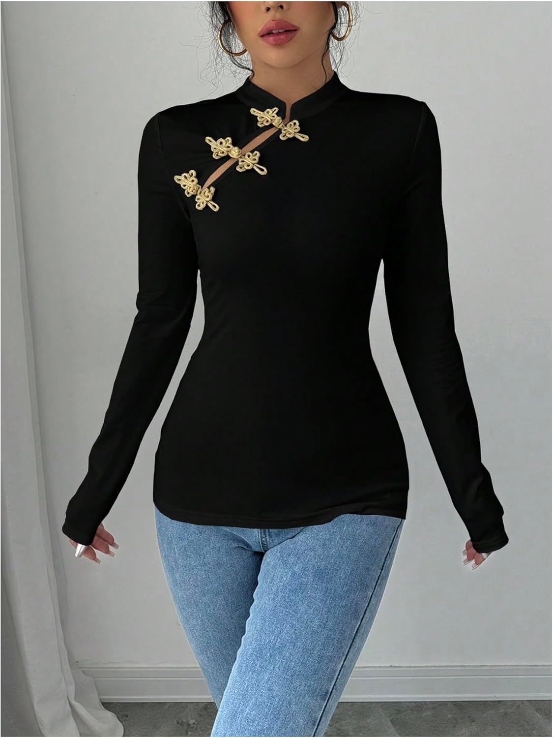 SOLY HUX Women's Long Sleeve Cheongsam Top Mock Neck Slim Fitted Elegant T Shirt Going Out Tops - Image 5