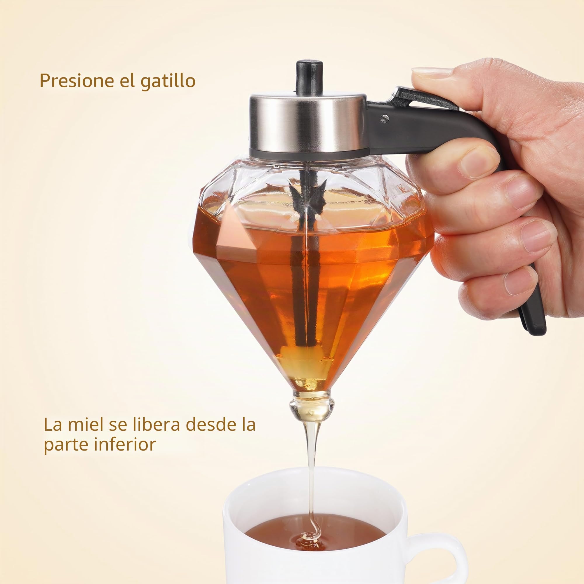 Dispensador de miel de vidrio, sin goteo con soporte, tarro de miel en forma de diamante, hermoso jarabe y tarro de azúcar
