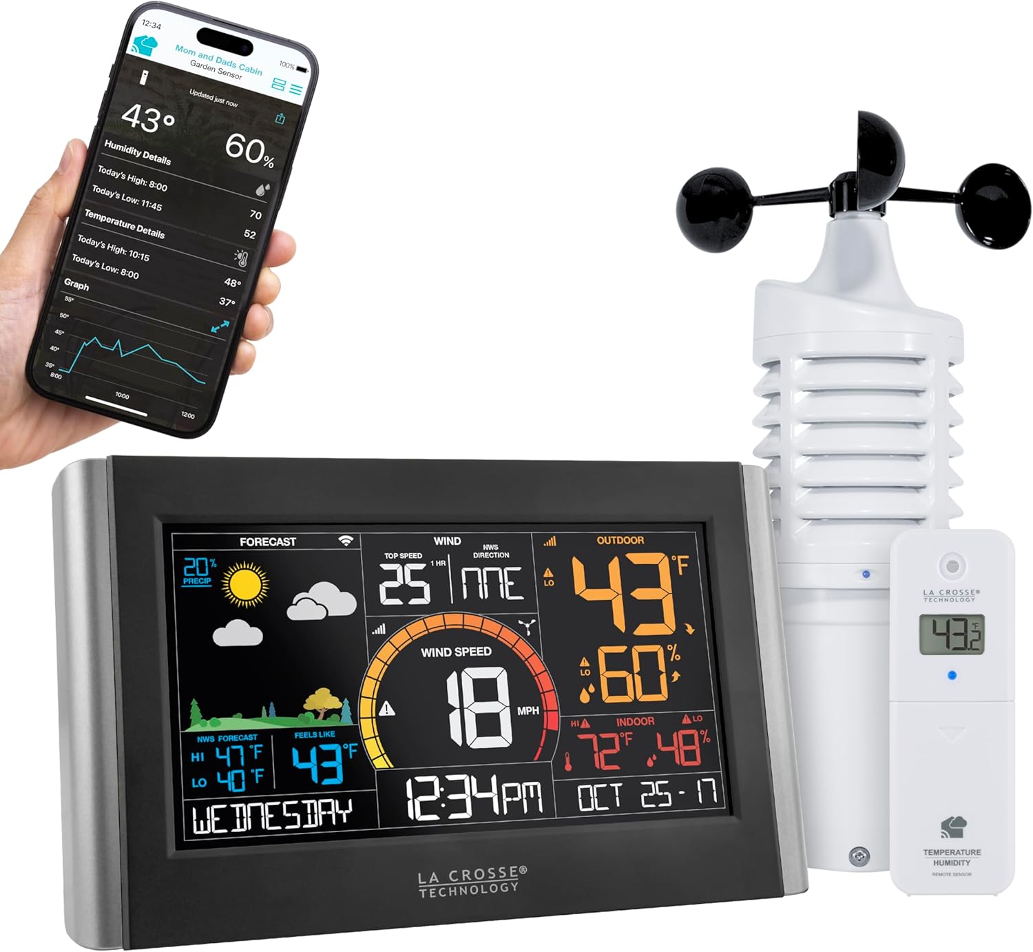 La Crosse Technology V21-WTH WiFi Wireless Weather Station with Wind Speed, Rain, Temp & Humidity Sensors - App Remote Monitoring
