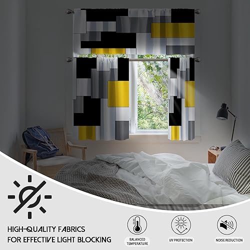 Miniatura 5 de MCALK Juego de cortinas de cocina amarillas y cenefas de 3 piezas para ventanas, color gris y negro, cenefas de arte abstracto moderno blanco para