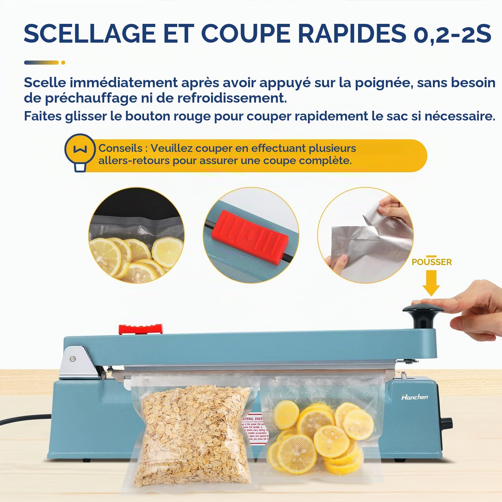 Hanchen Machine de Scellage Thermique avec cutter 300 mm/11.8inch Machine de Cachetage Scelleur de Sac Impulse pour Film Composite/Film Stratifié/Emballage en Papier kraft/Sac en Mylar 220V