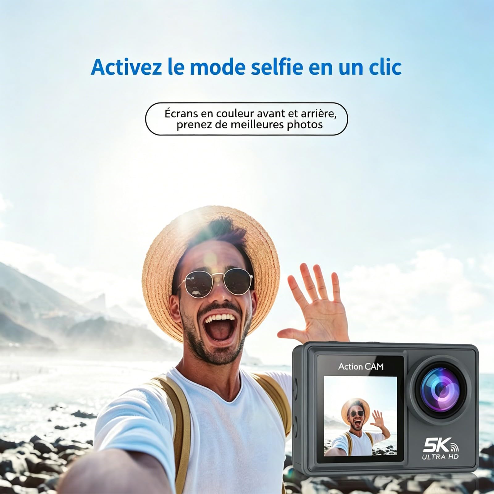 Kersens Caméra Sport + 64gb Memory Card, Caméra Étanche IP68 Vidéo 5K Grand Angle avec Double Écran (Grey,64G)