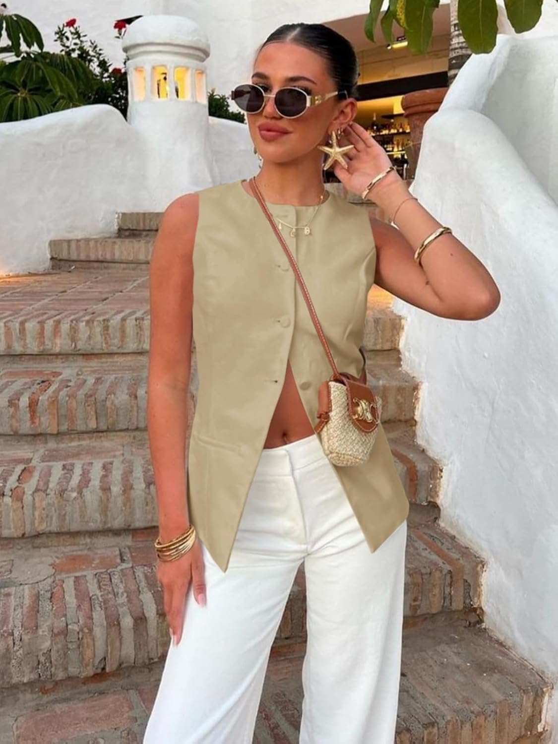 Cicy Bell Womens Round Neck Waistcoat Vest Summer Button up Vest Tops Casual Business Fitted Sleeveless Blazer - Image 4