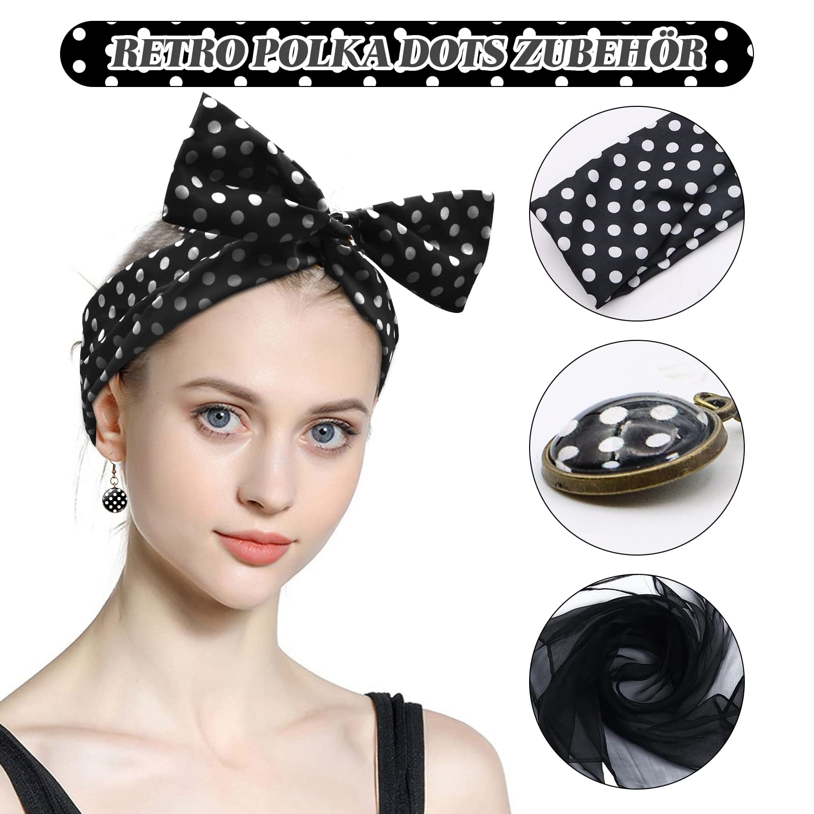 VEGCOO 6 Teiliges Rockabilly Accessoires Damen,50er Jahre Kostüm Damen Vintage Kleidungszubehör einschließlich Stirnband Handschuhe Brillen Requisiten Set