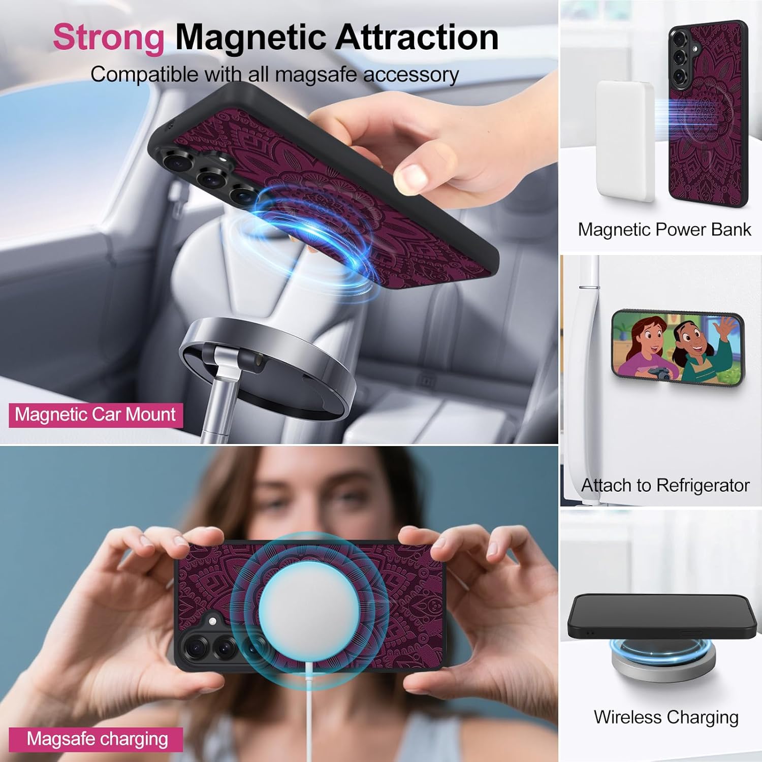 Harryshell 2 in 1 for Samsung Galaxy S26 Plus Wallet Case Magnetic Compatible with Magsafe RFID Blocking Card Holder Detachable Phone Cover Zipper Purse Kickstand Wrist Strap for Men Floral Burgundy