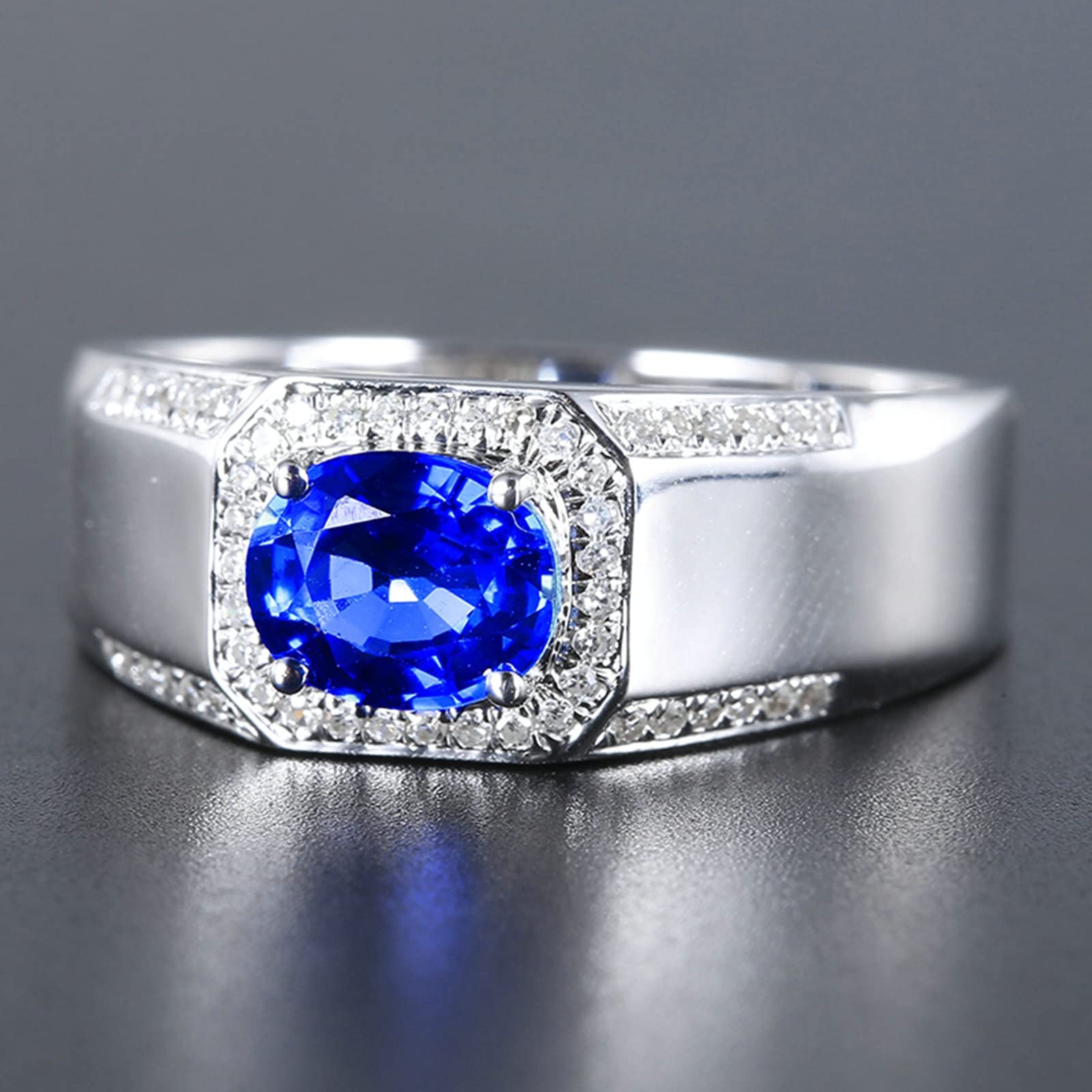 Beydodo Pierścionek męski z białego złota próby 750, pierścionek zaręczynowy, sygnet z owalnym szafirem 1,23 ct, obrączki ślubne z diamentem