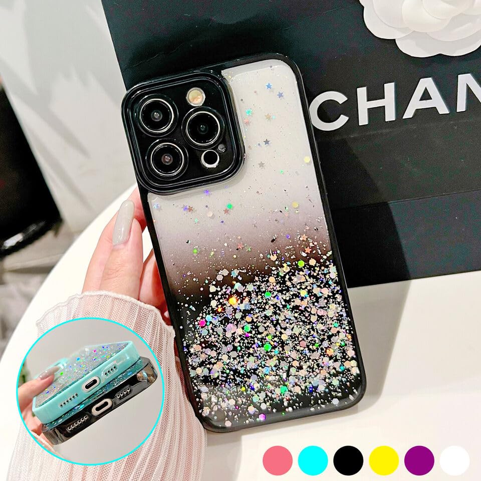 Image of VONZEE Back Cover Compatible for iPhone 15 Pro Max (6.7 inch), Non Moving Bling Glitter Cover for Girls & Women Soft TPU Shockproof Anti Scratch Drop Protection Covers (Black)