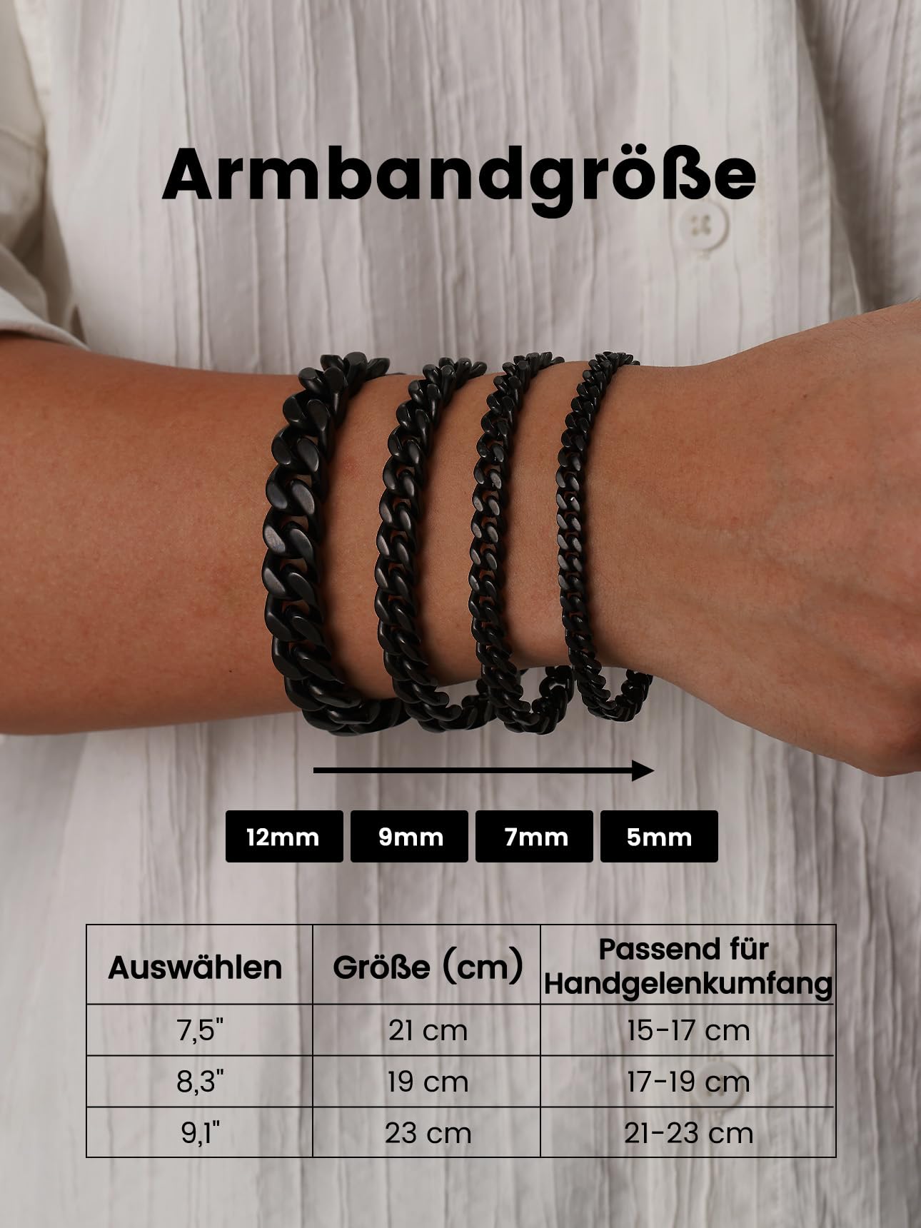 Bestyle 5mm Panzerkette Armband Herren Schwarz Cuban Armbänder Edelstahl breits massives kubanisches Armkette Hip Hop Bracelet 23cm lang Geschenk für Männer Jungen Damen