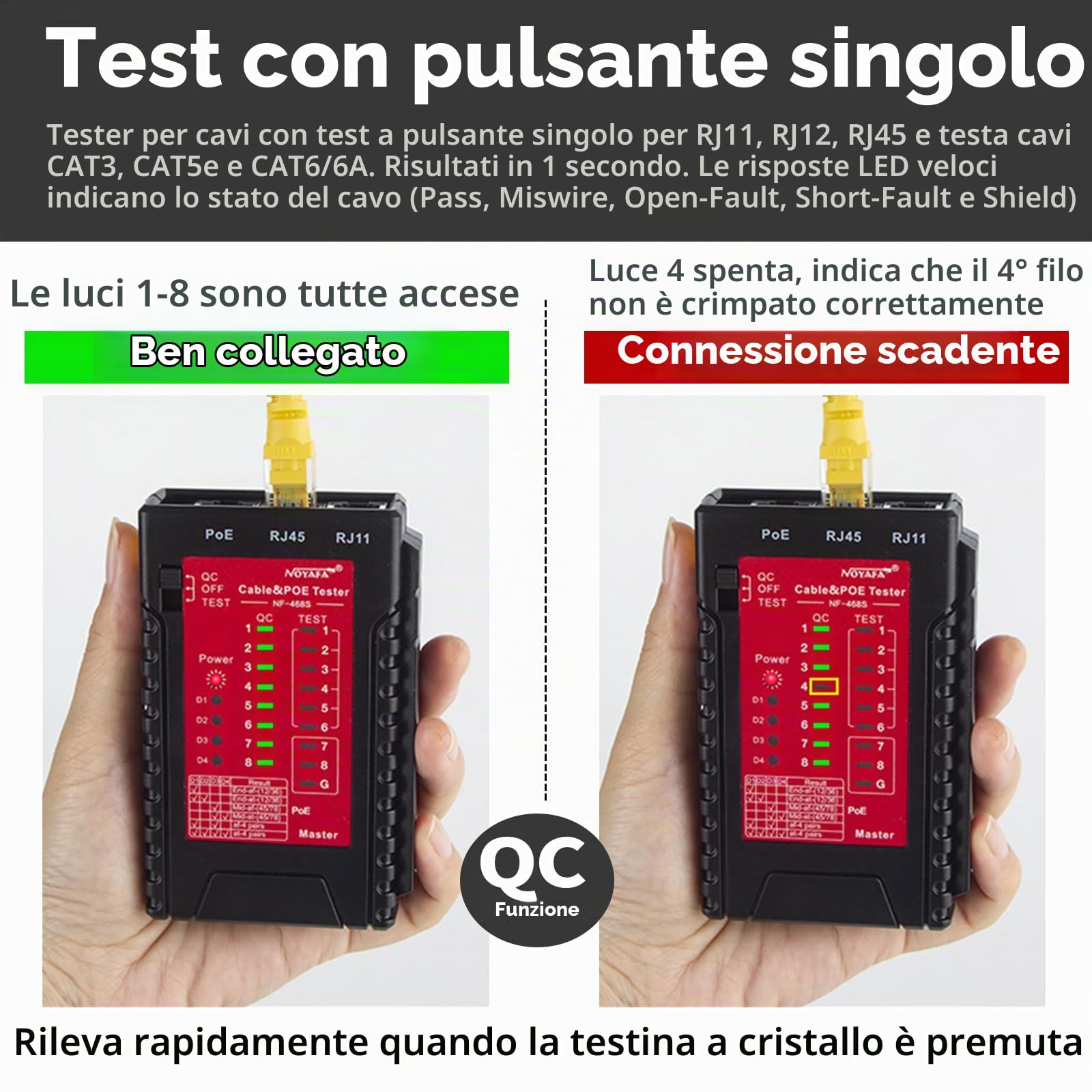Noyafa NF-468s Tester per cavi di rete Ethernet, test di continuità RJ45, tester per cavi STP/UTP a estremità singola per RJ45, RJ11, RJ12, CAT5, CAT5E, CAT6, CAT6A, linea telefonica CAT3