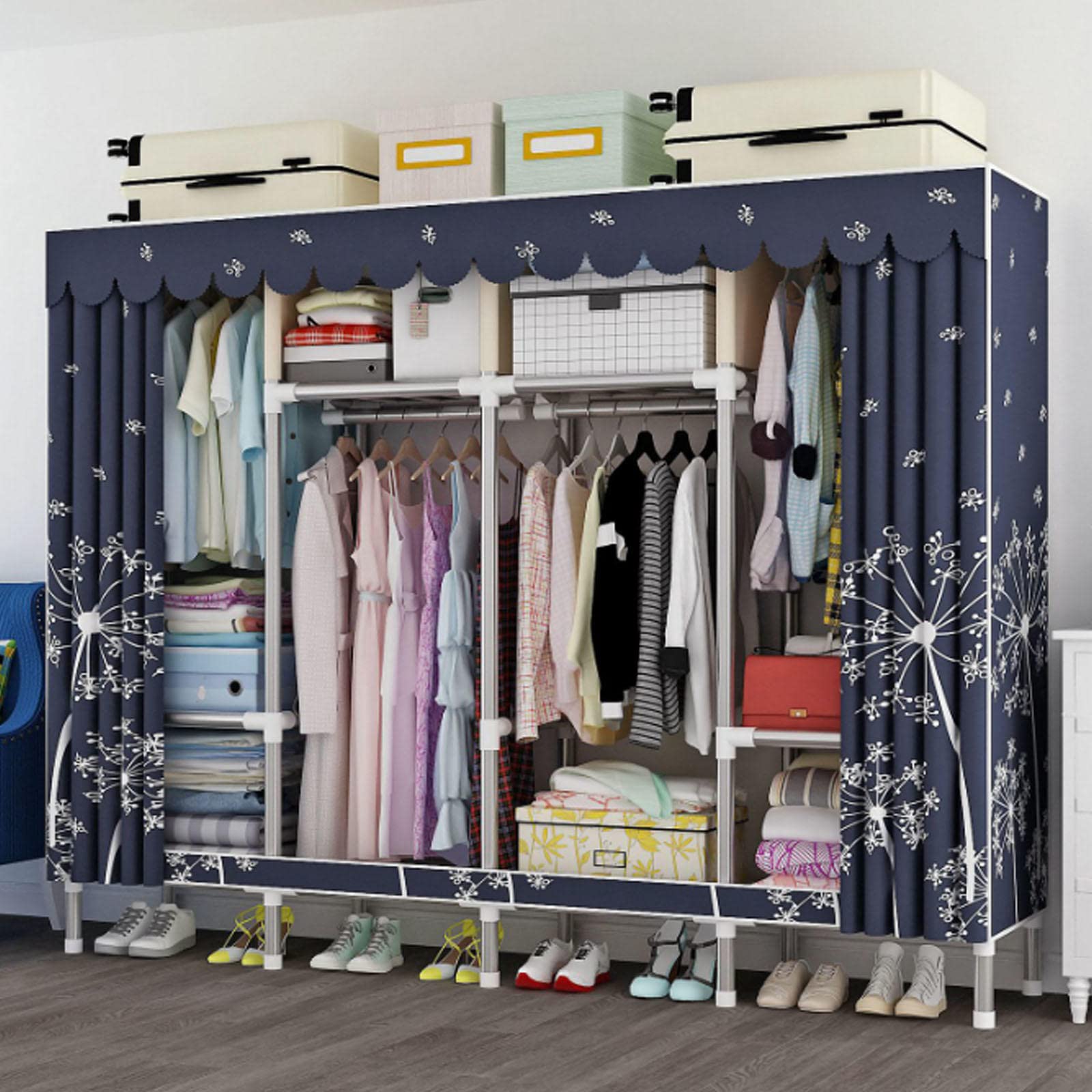 Tragbarer Stoff-Kleiderschrank mit Regalen und Kleiderstange, faltbarer Kleideraufbewahrung, großer Canvas-Schrank für Kleidung und Taschen, 206 x 45 x 175 cm, Kleiderständer