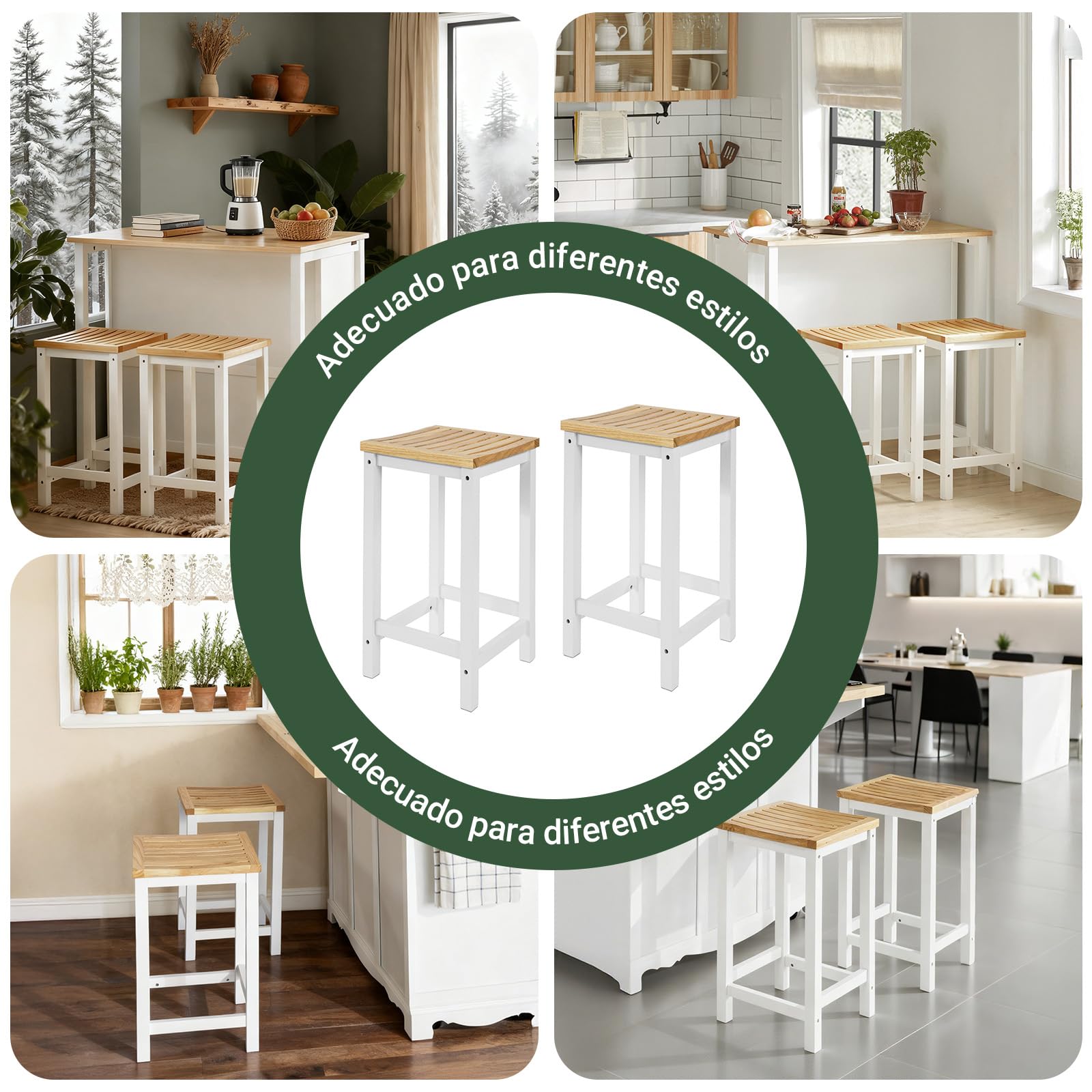 SoBuy 2 Taburetes de Bar Cuadrados con Asiento ergonómico, 35x61x35cm | Silla de Cocina con 4 patas robustas, fácil de limpiar, carga de 100 kg, madera de caucho/pino, cocina & barra, FST29-WNx2