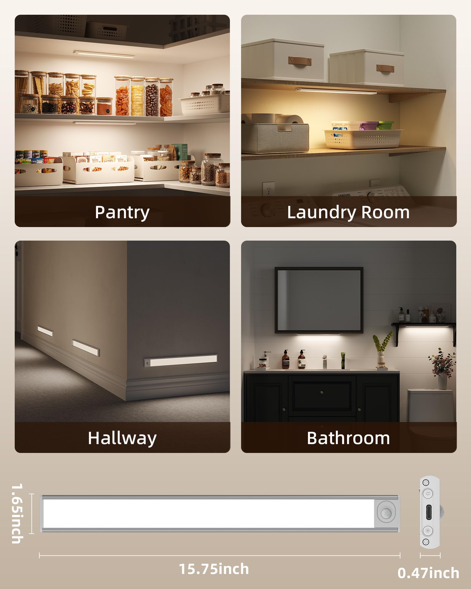 Illuminazione sotto armadio wireless, batteria ricaricabile con sensore di movimento, luci LED per armadio, ricarica USB, 3 colori dimmerabili sotto armadietti, luci per cucina, armadio, armadio (3