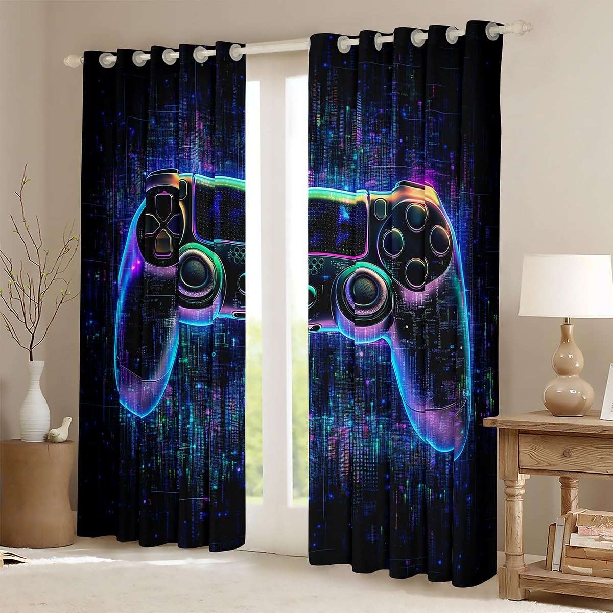 feelingyou Blue Black Game Controller Curtains for Windows,Electronic Game Line Printing Curtains for Living Room,Modern Gamer Gaming Blackout Drapes 2 Panel Sets,46x54L - Image 3