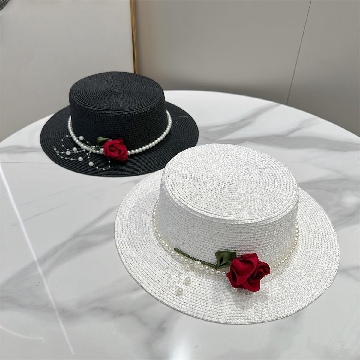 Sombrero de Paja de Verano para Mujer,de ala Ancha,Tejido de Paja,con Protección UV y Decoración de Rosas y Perlas,Transpirable,para Playa,Exteriores,Viajes y Fiestas