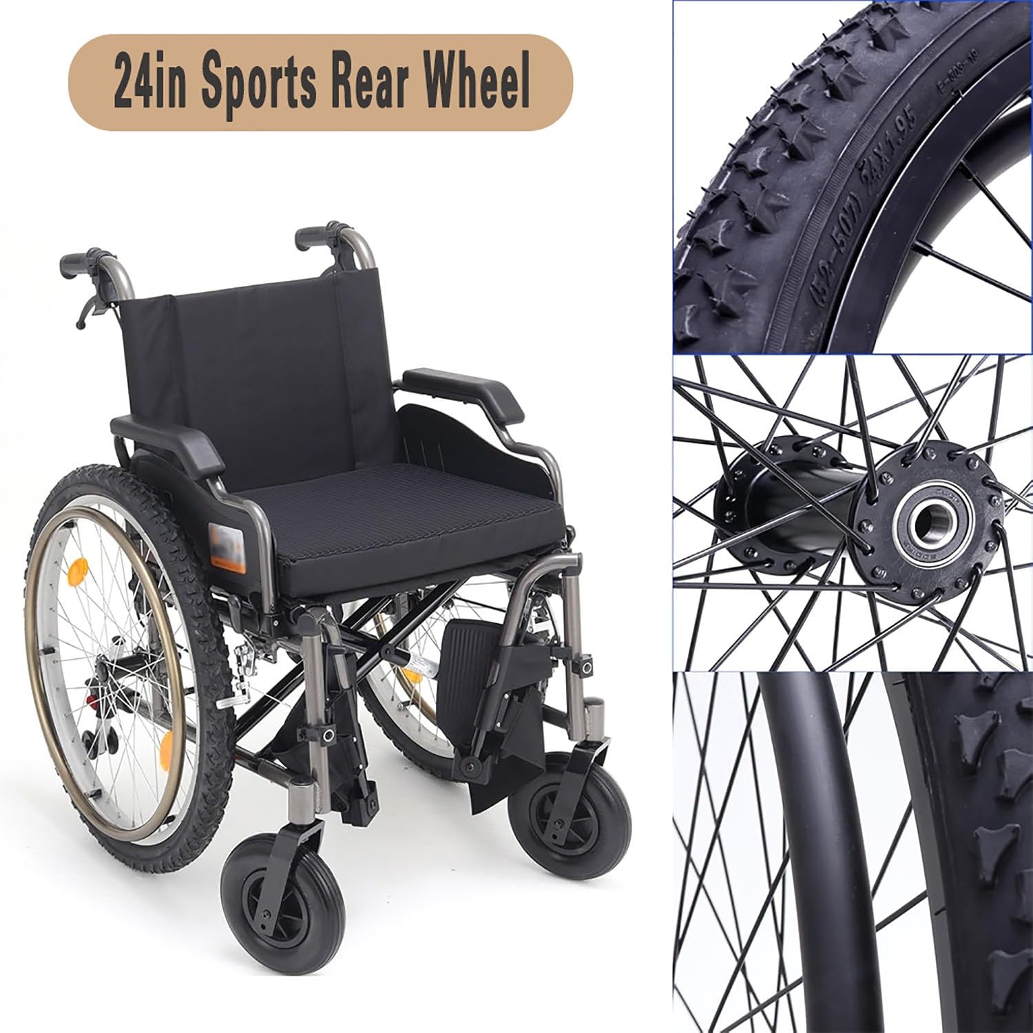 Rueda Trasera de Recambio para Silla de Ruedas Deportivas, 24 × 1.95 (52-507) Inflables Todoterreno Neumático para Interiores y Exteriores(Bearing 12.7mm)