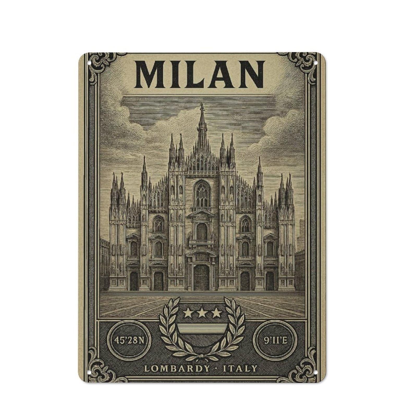 Junmoney Style-16 Retro Metal Wall Sign 40X30cm With Milan Cathedral Vintage Travel For Hallway Wall, Suited To Hallway Decor Lovers