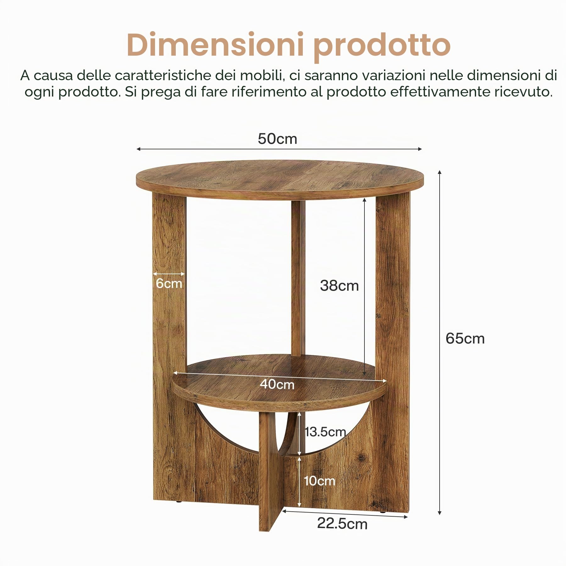 Tribesigns Tavolino rotondo a 2 ripiani, per soggiorno, 50 x 50 x 65 cm, piccolo tavolino da caffè con spazio per piccoli spazi, divano, camera da letto, marrone