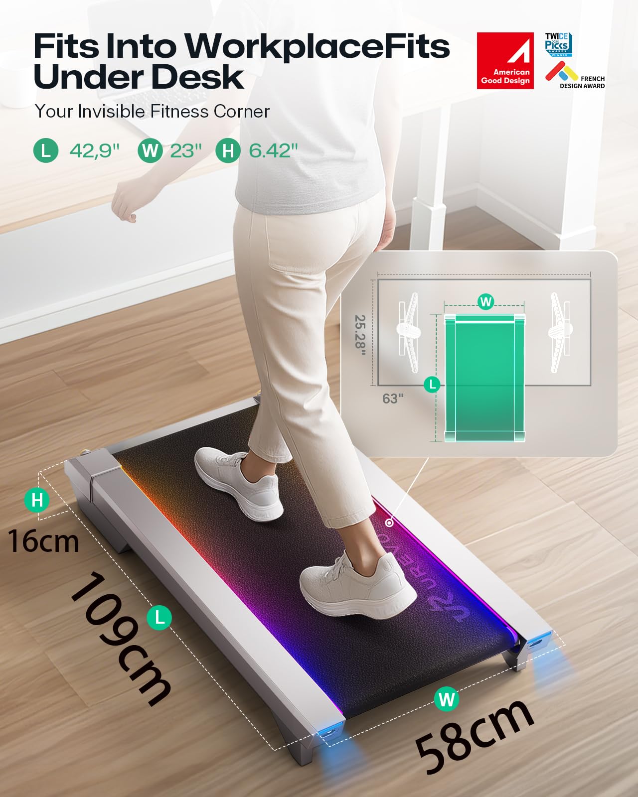 UREVO CyberPad Walking Pad mit 14% automatischer Steigung – Smart Untertisch-Laufband fürs Büro & Zuhause, leiser Brushless-Motor, extra große Lauffläche, KI-App