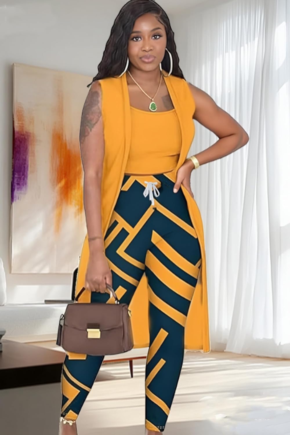 Women's 3 Piece Lounge Pants Set Pajamas Long Cardigan Crop Tank Tops with Drawstring Loungewear Outfit - Image 3