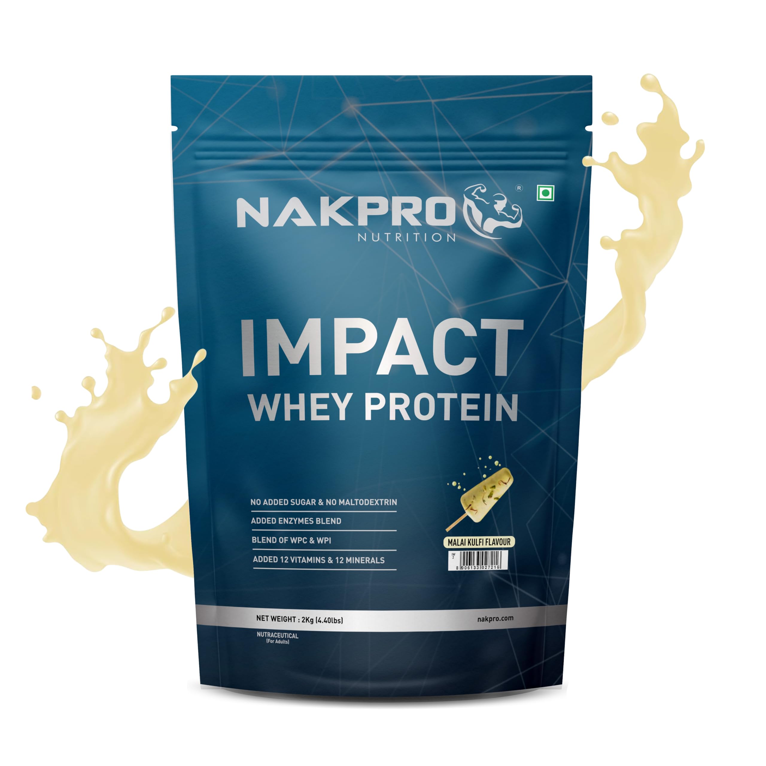 NAKPROImpact Whey Protein 2kg | Isolate & Concentrate | 24g Protein & 4.9g BCAA | With Digestive Enzymes for better Absorption | NABL Lab Tested 100% Authentic Supplement Powder - Malai Kulfi Flavou
