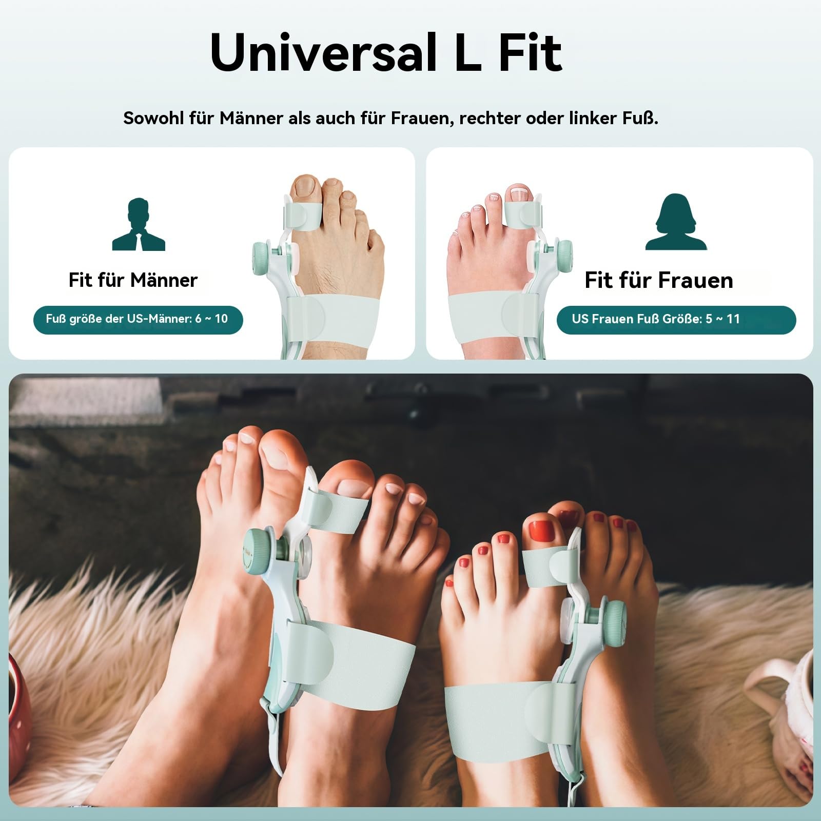 2 Pack Hallux Valgus Korrektur Schiene, Verstellbarer Ballenzeh Korrektor mit Drehknopf für Großzehen-Ausrichtung & Schmerzlinderung, Nacht Hallux Valgus Bandage & Zehenspreizer, Large Band